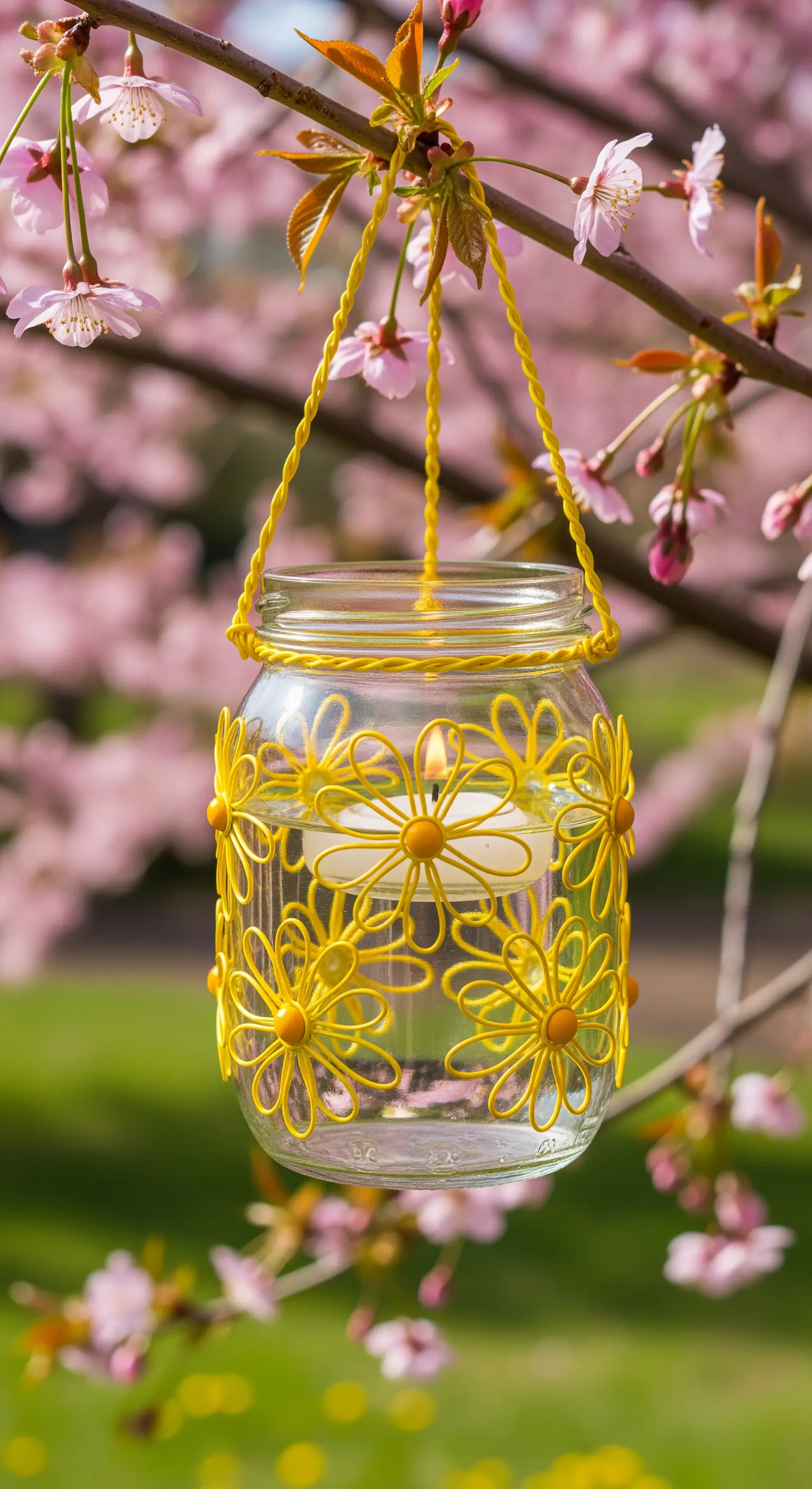 Barattolo di vetro decorato con margherite realizzate in filo metallico giallo.