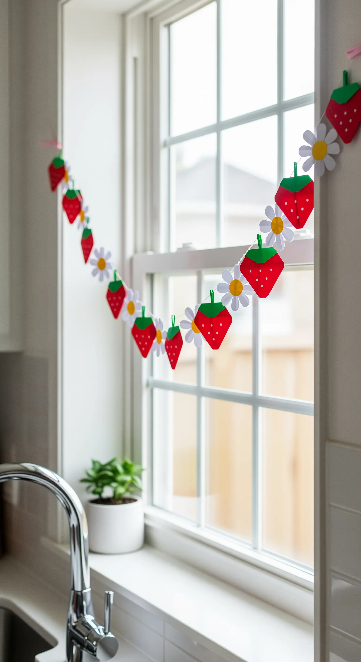Festone di carta con fragole rosse e margherite bianche appeso a una finestra in cucina.