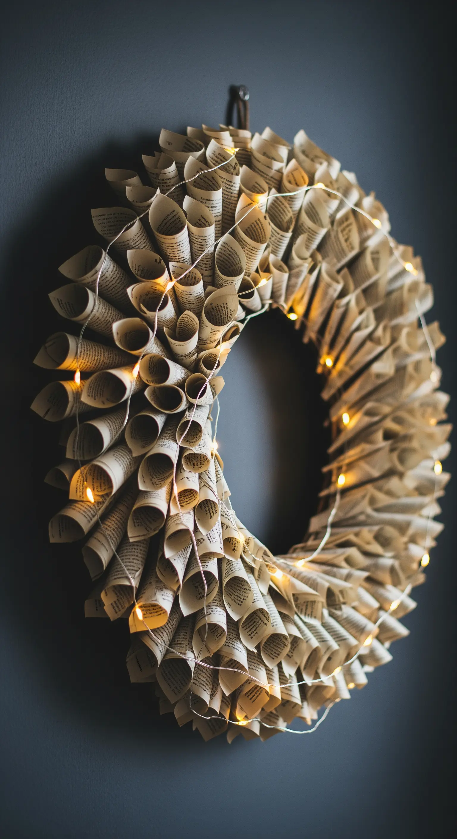 Ghirlanda rotonda fatta con pagine di libro arrotolate a cono e avvolta da un filo di luci.