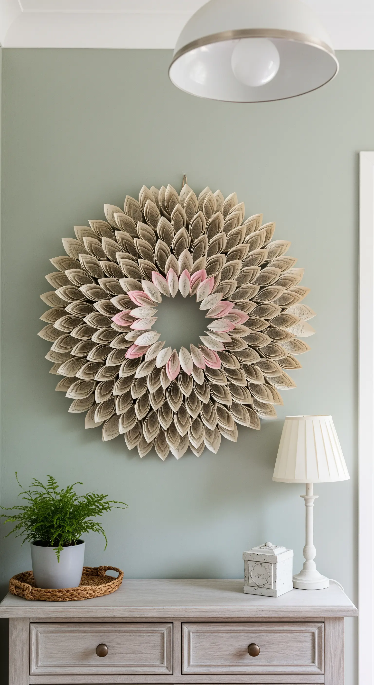 Ghirlanda decorativa da parete realizzata con coni di pagine di libro arrotolate sopra una consolle.