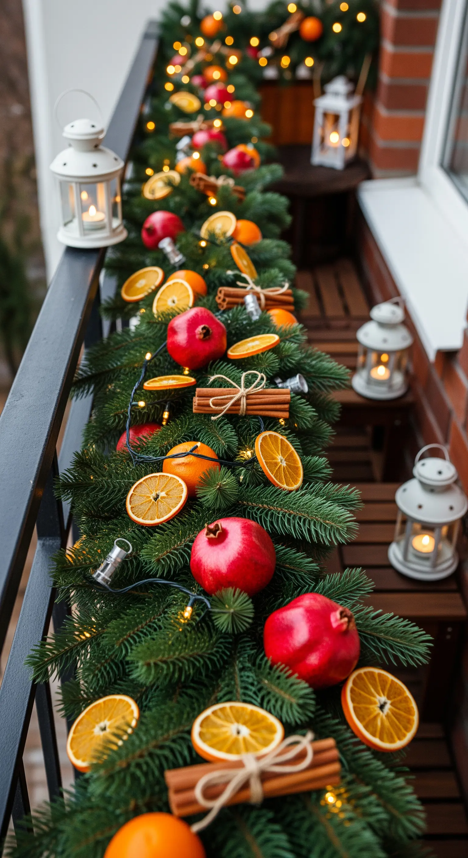 Ghirlanda di abete sulla ringhiera di un balcone, decorata con arance, melograni e cannella