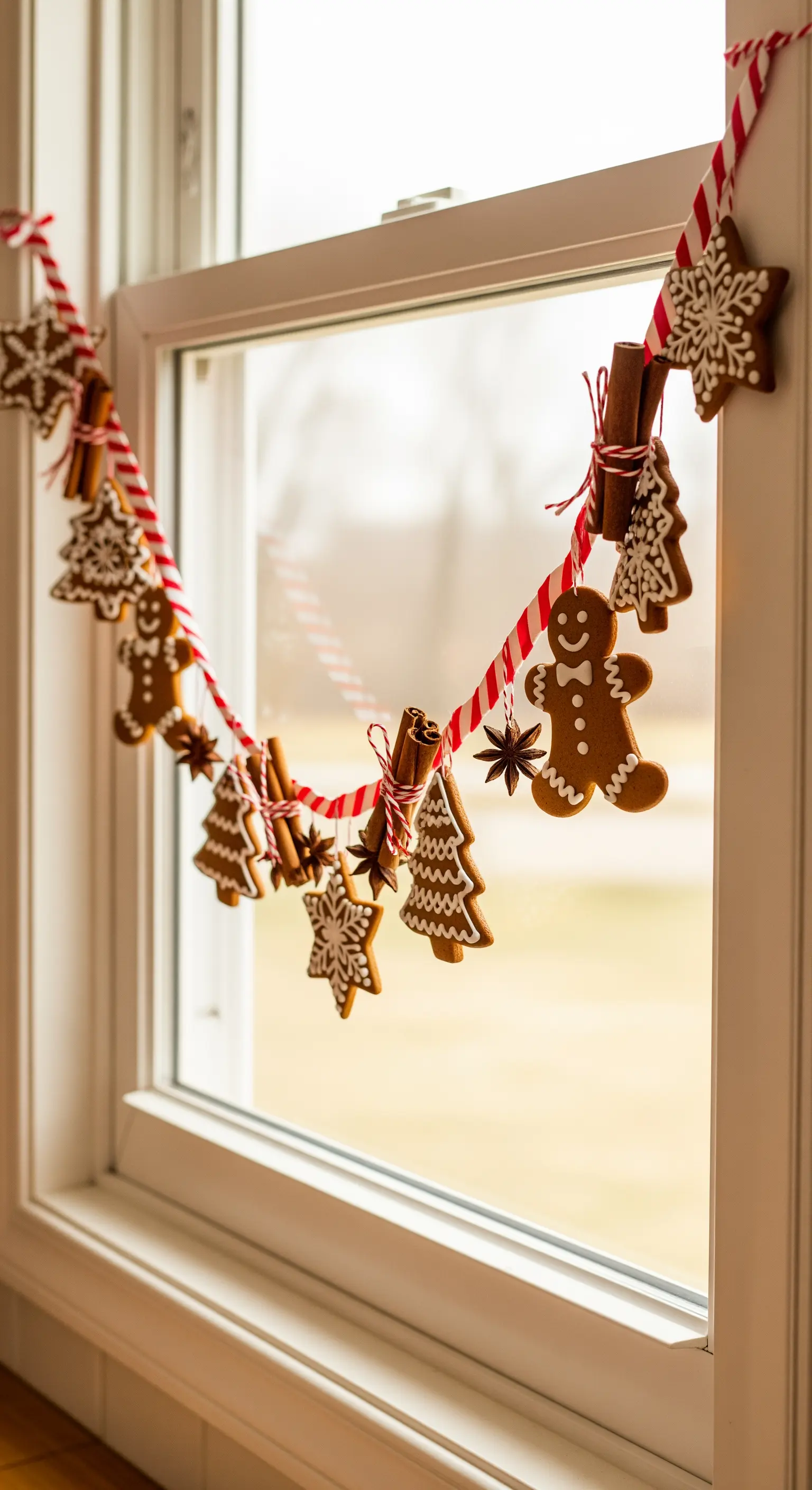 Ghirlanda di biscotti pan di zenzero e cannella appesa al telaio di una finestra.