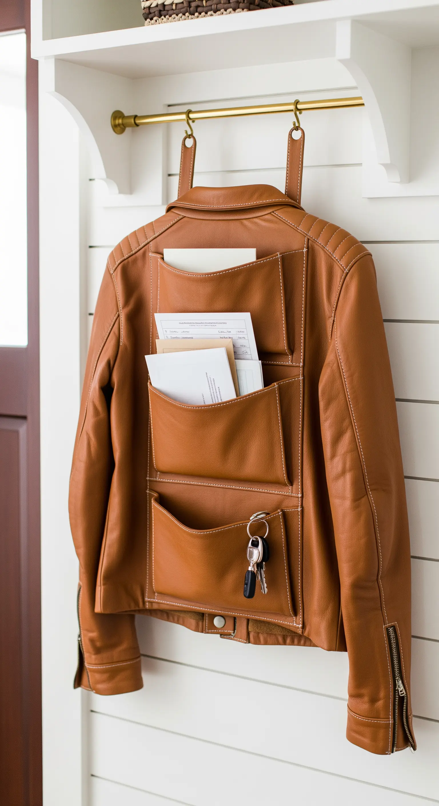 Giacca di pelle marrone appesa a una parete bianca, con le tasche usate come portaoggetti.