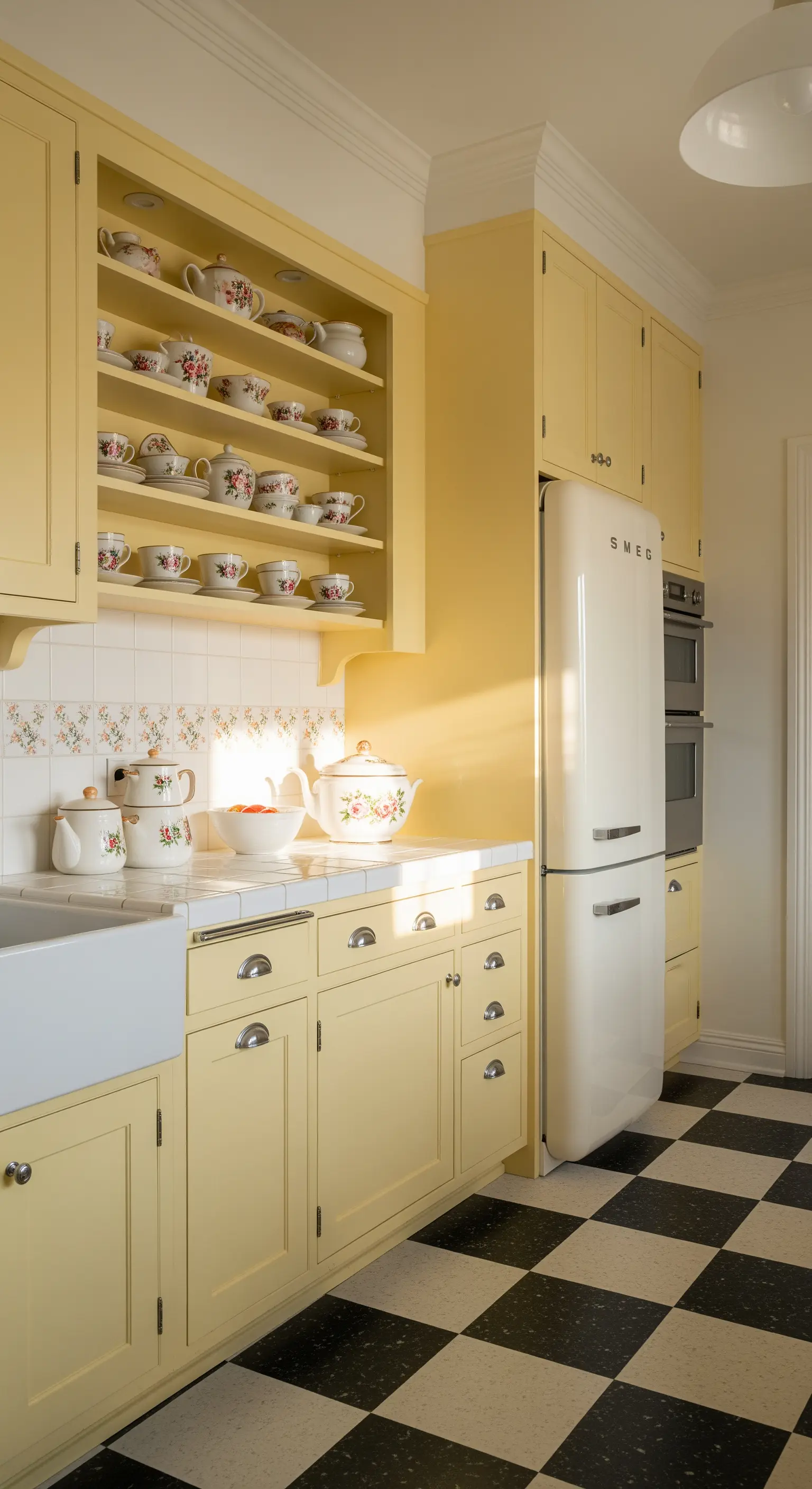 Cucina giallo pastello con pavimento a scacchi e frigorifero Smeg vintage.