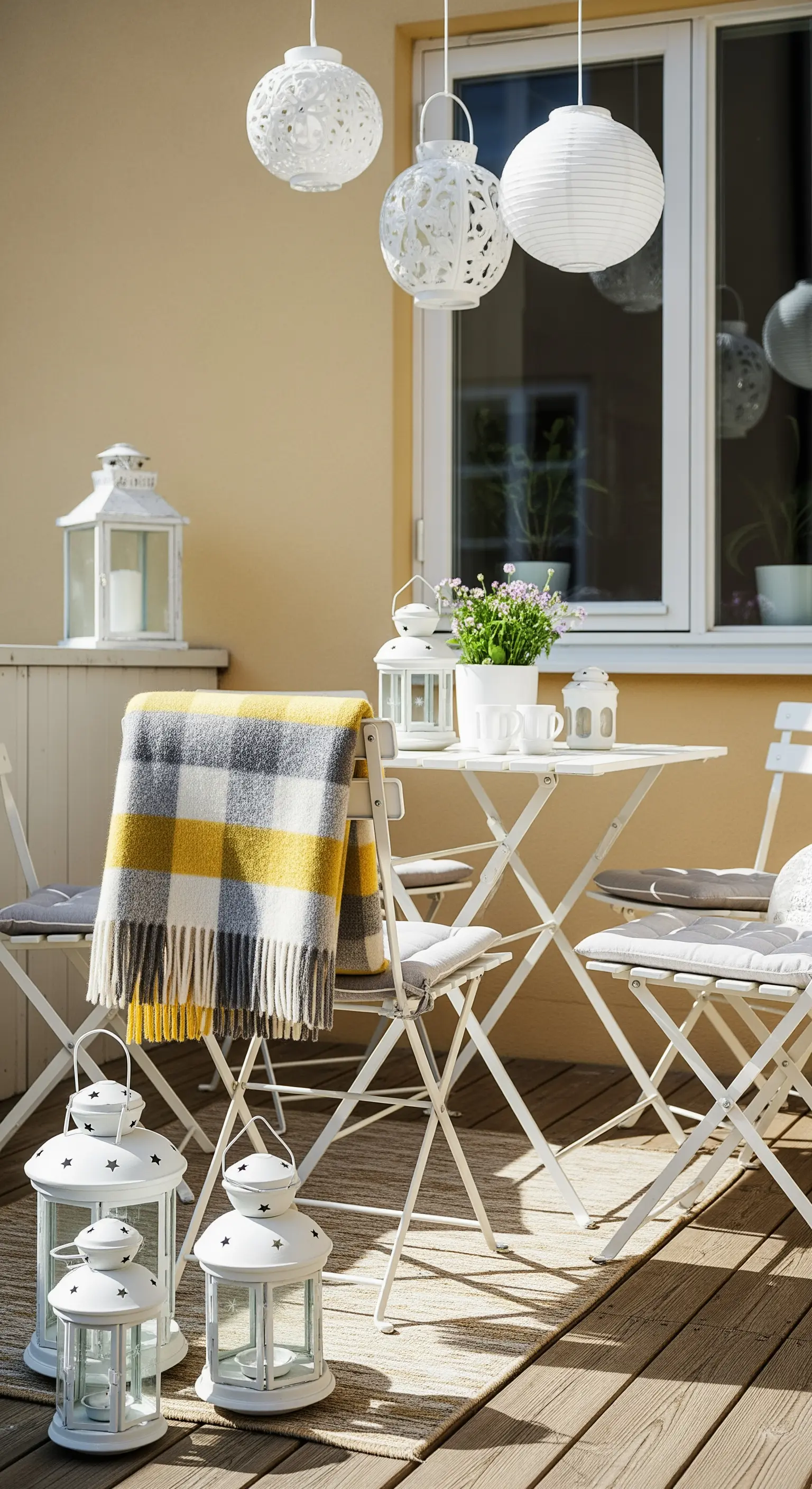 Set da pranzo bianco su un patio con un plaid a quadri gialli e lanterne bianche.