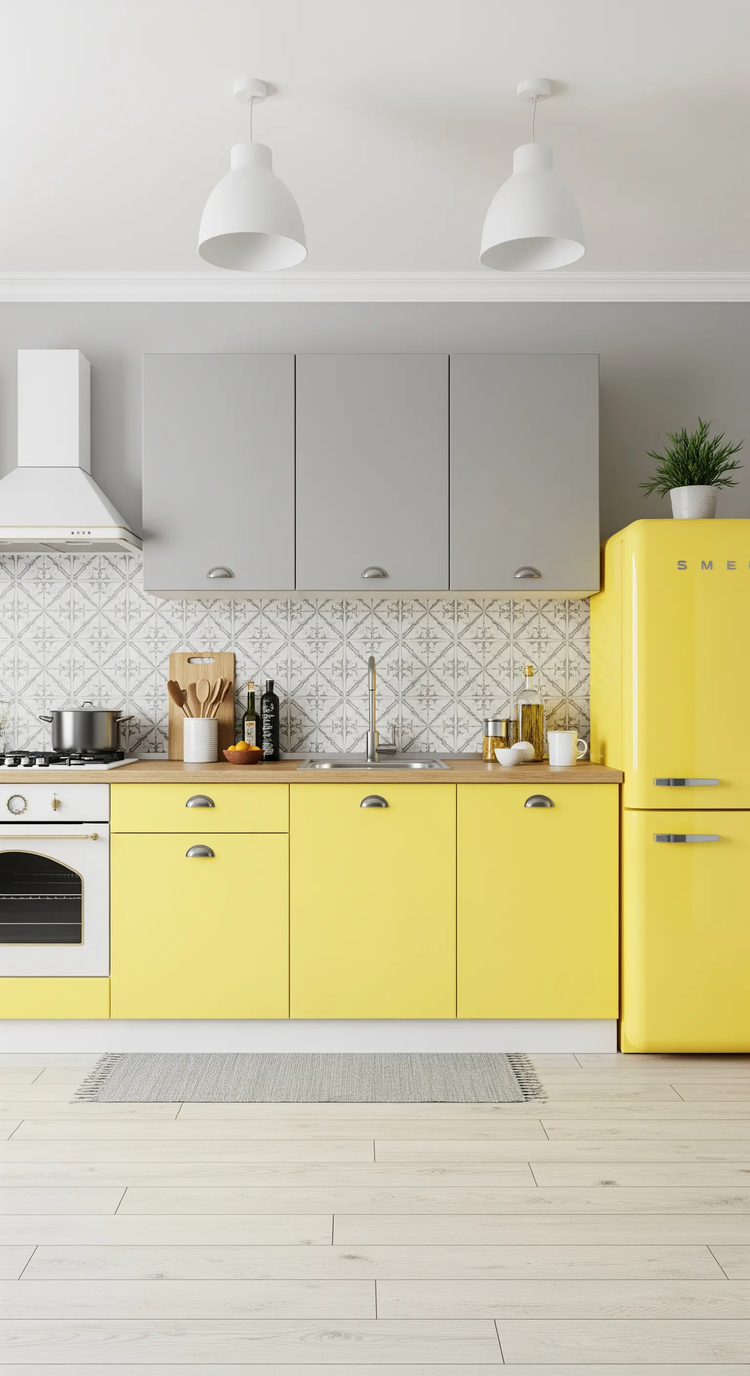 Cucina bicolore con basi gialle, pensili grigi e frigorifero giallo Smeg.