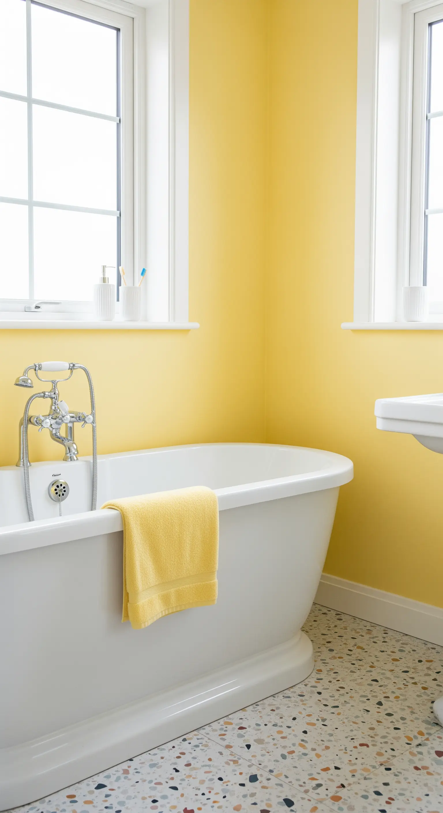 Bagno con pareti giallo pastello, vasca bianca e pavimento in terrazzo multicolore.