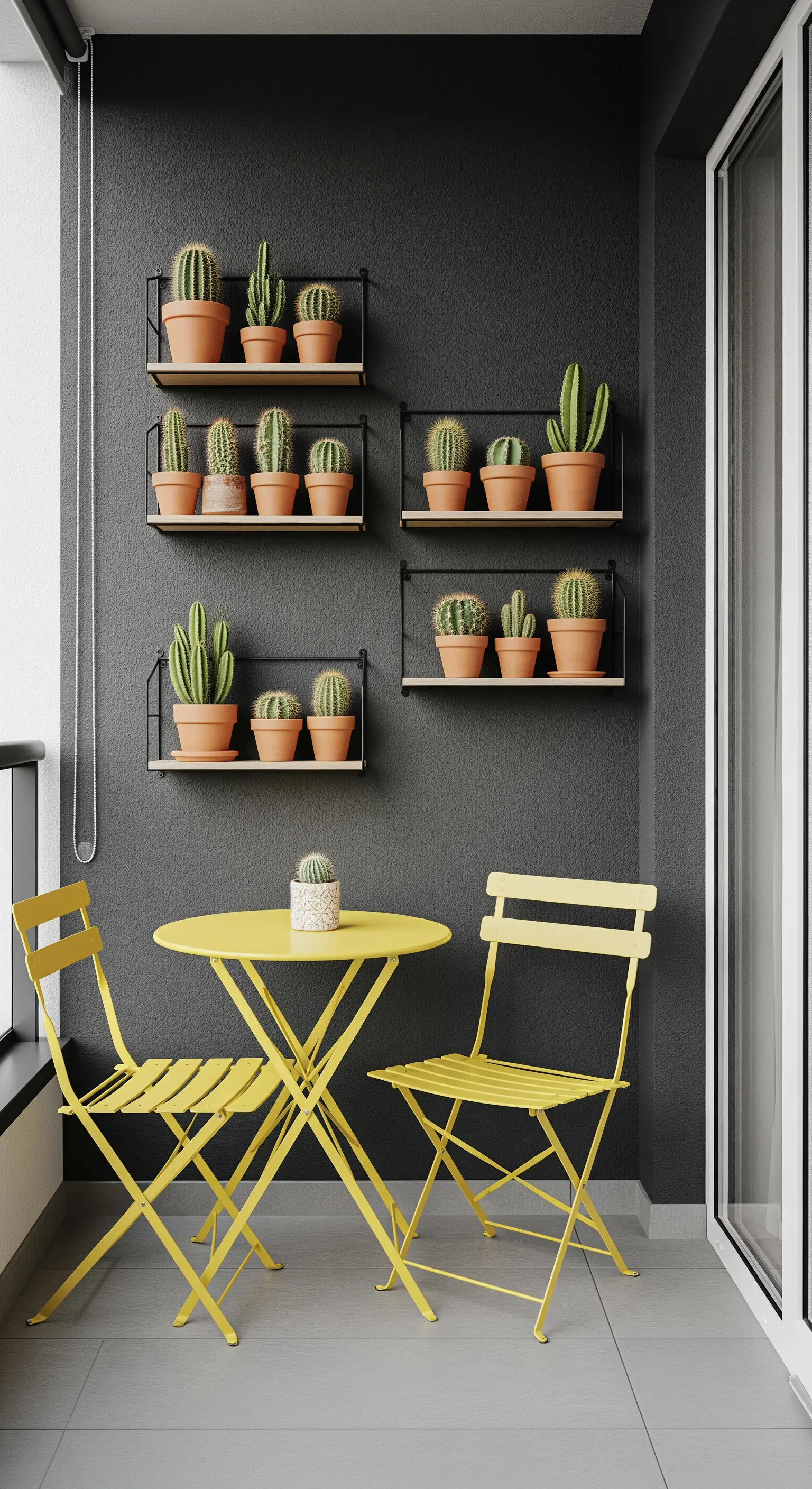 Set bistrò giallo brillante contro una parete grigio scuro, con mensole di cactus.