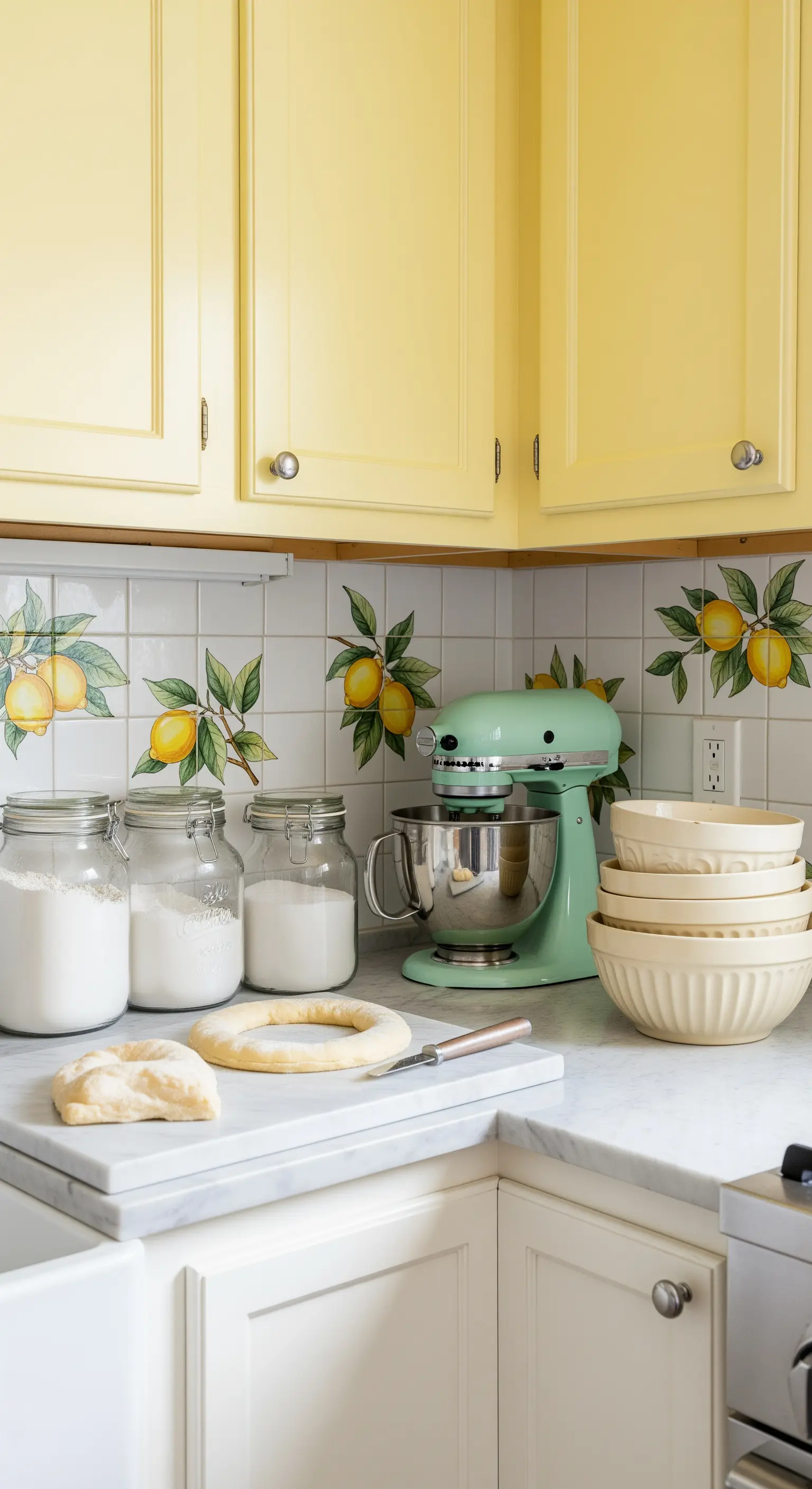 Dettaglio di una cucina con mobili gialli e piastrelle decorate con limoni.