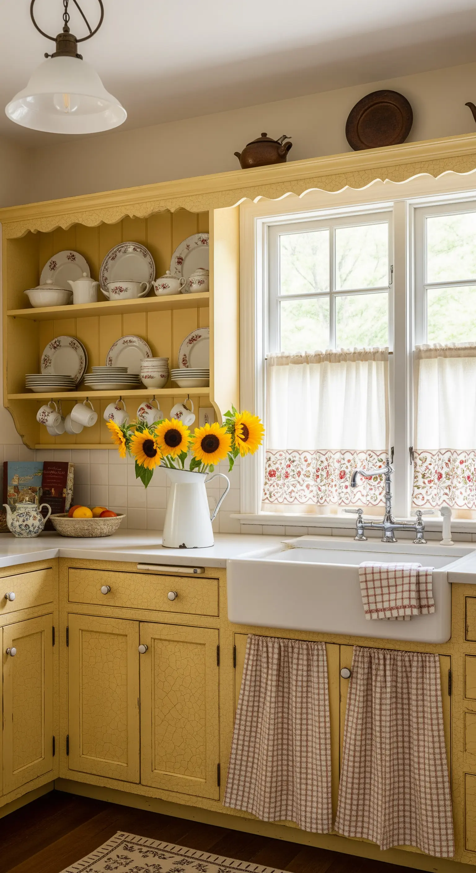 Cucina shabby gialla con finitura craquelé e tende a mezza altezza.