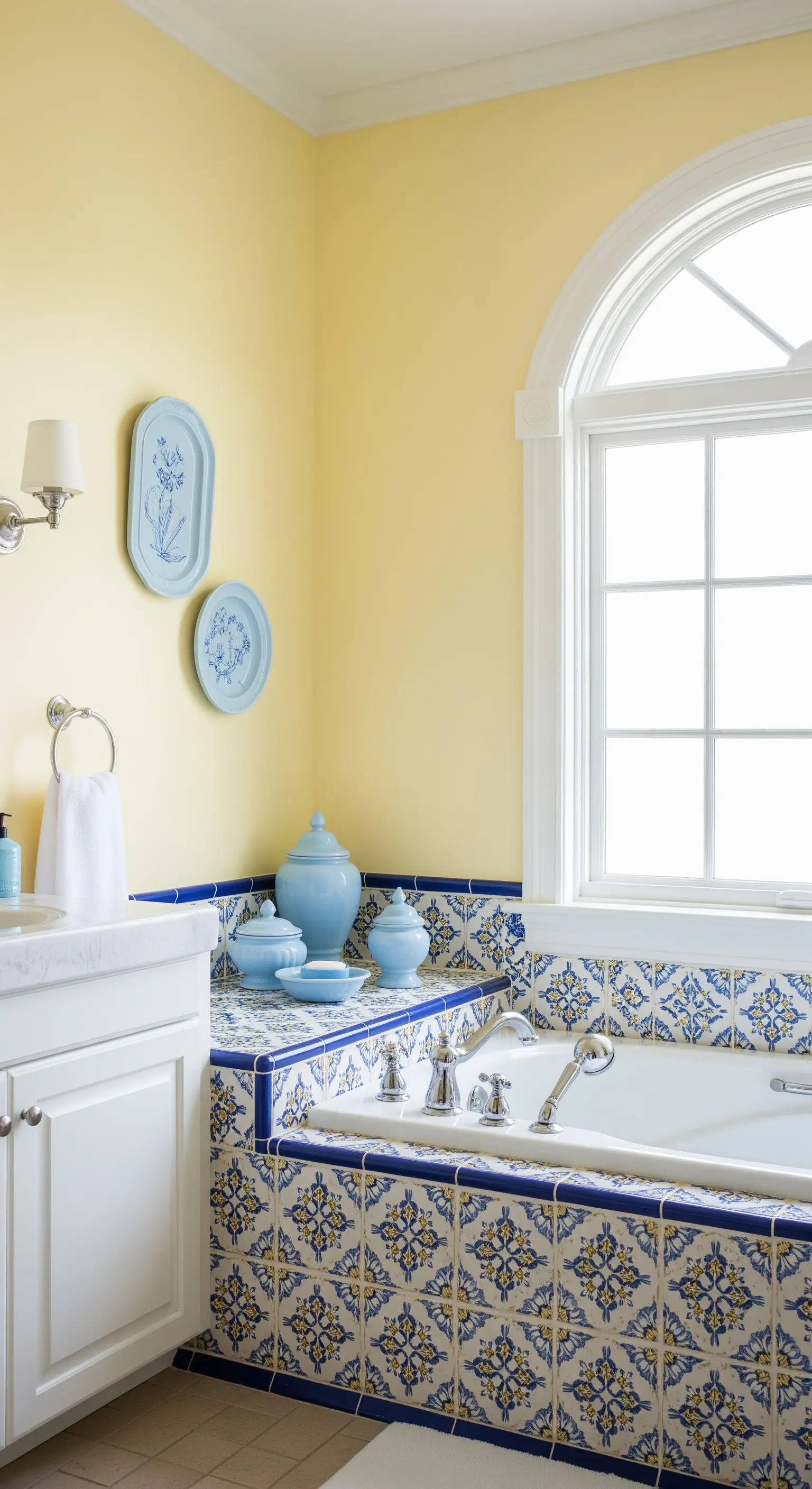 Bagno con pareti gialle e bordo vasca rivestito con maioliche blu e bianche.