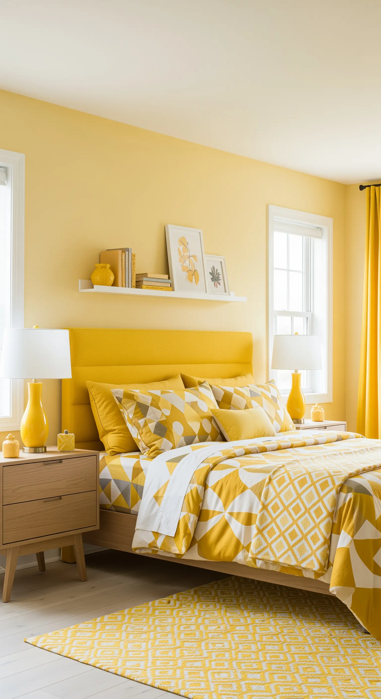 Camera da letto gialla con biancheria a motivi geometrici e arredi in legno chiaro.