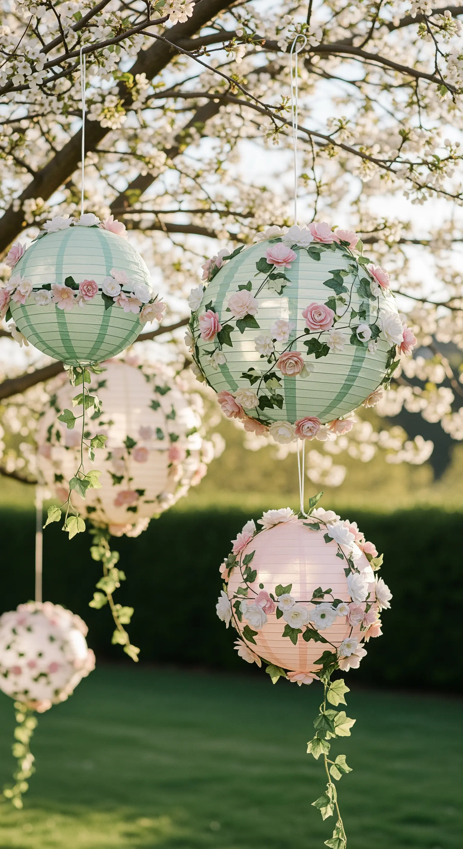 Lanterne di carta color pastello decorate con rose finte ed edera, appese a un albero in fiore.