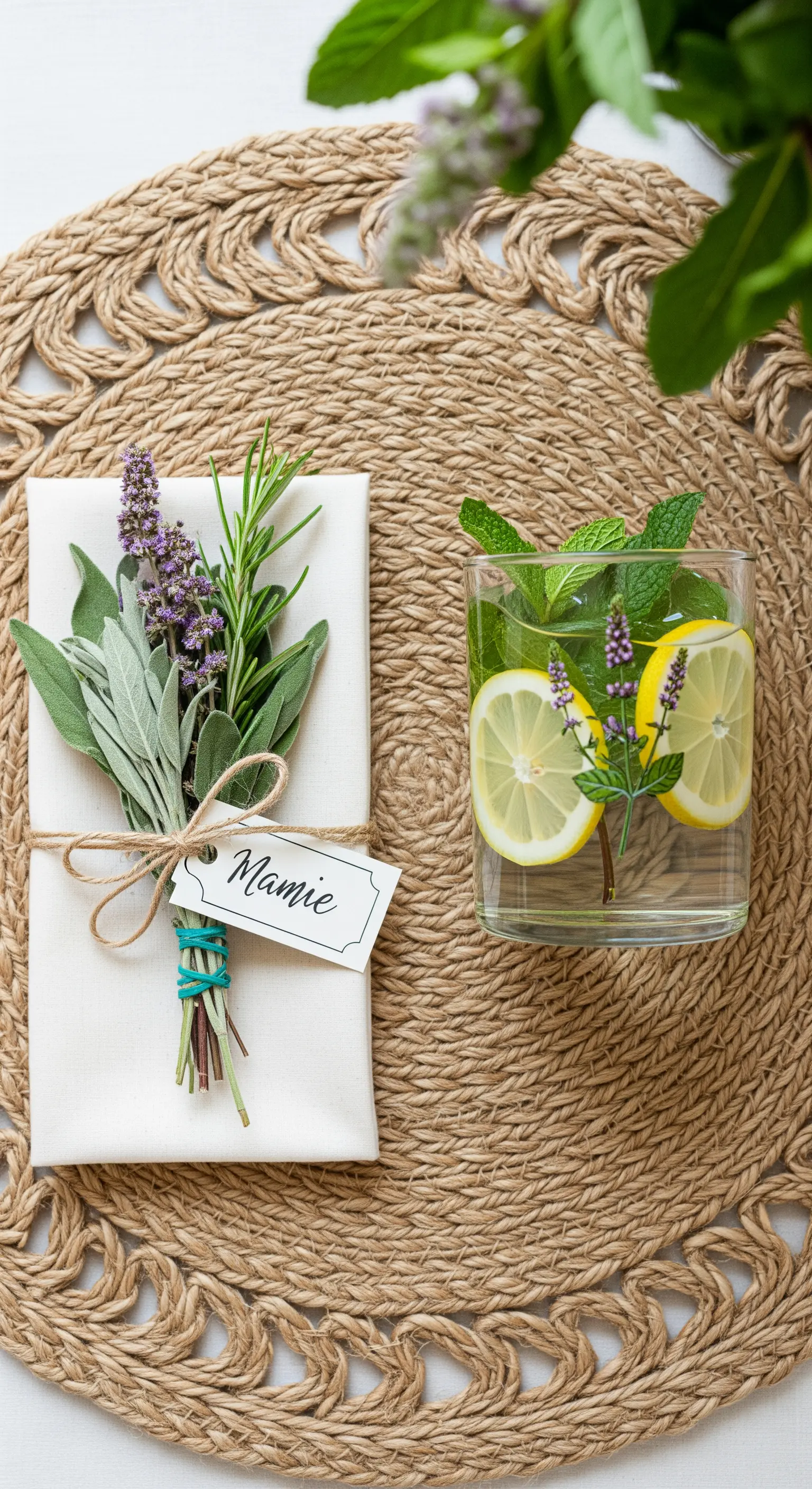 Posto tavola naturale con tovaglietta in iuta e un mazzetto di erbe aromatiche fresche