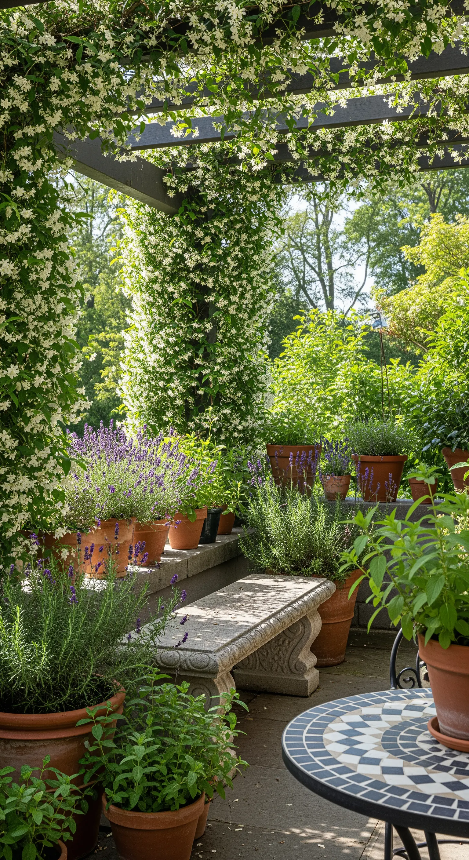 Terrazza con numerose piante aromatiche in vaso, come lavanda e rosmarino.