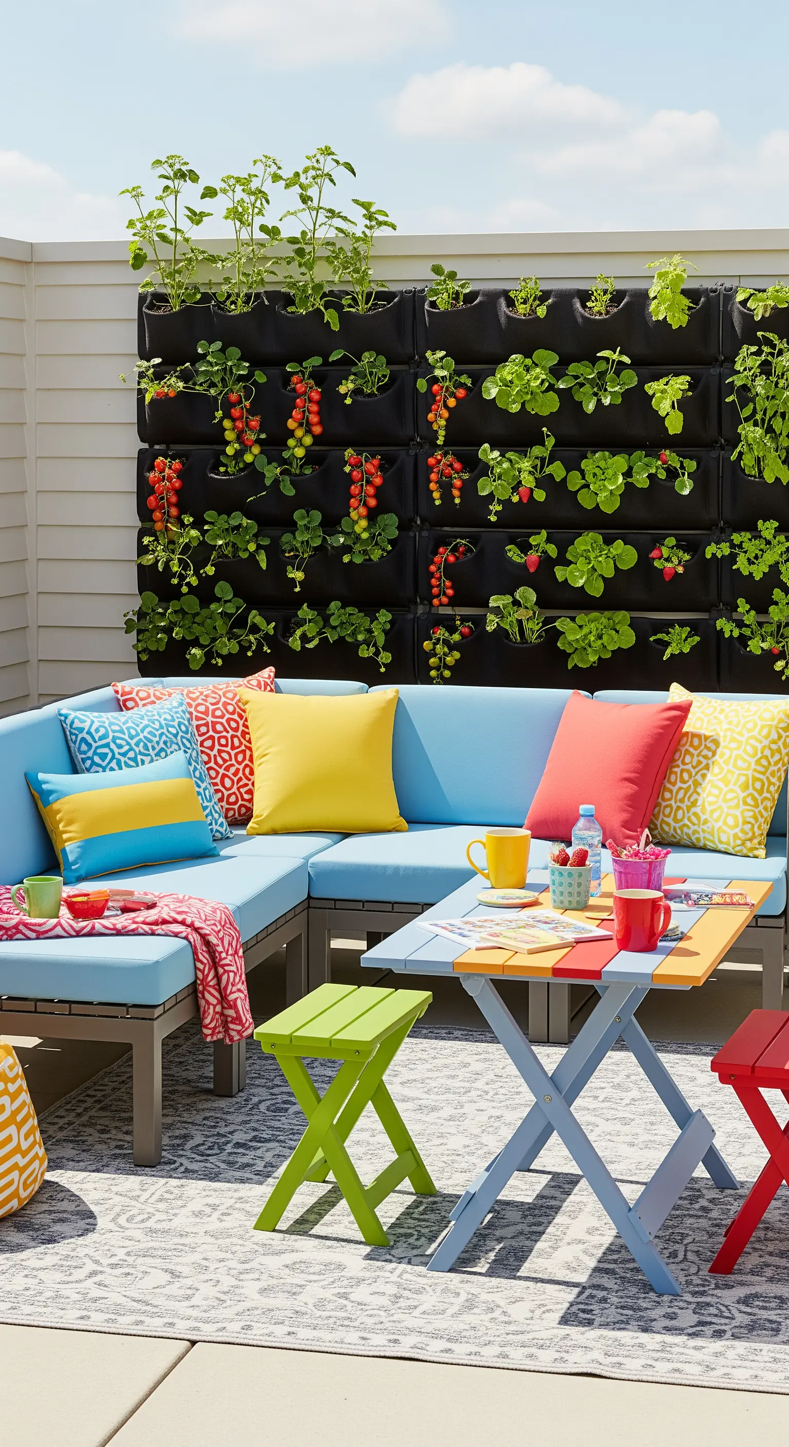 Patio colorato con divano blu, cuscini vivaci e un orto verticale con fragole e pomodori
