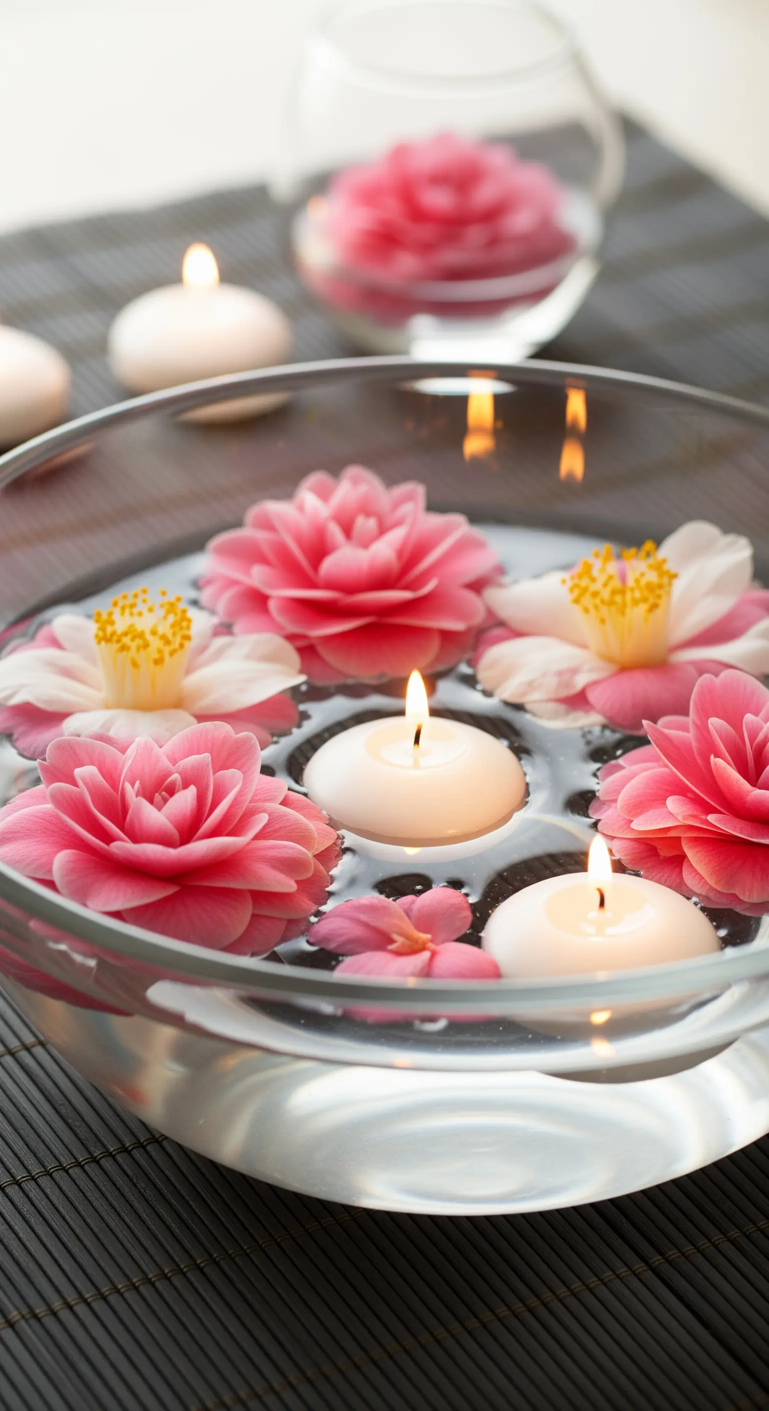 Centrotavola zen con camelie rosa e candele galleggianti in una ciotola di vetro.