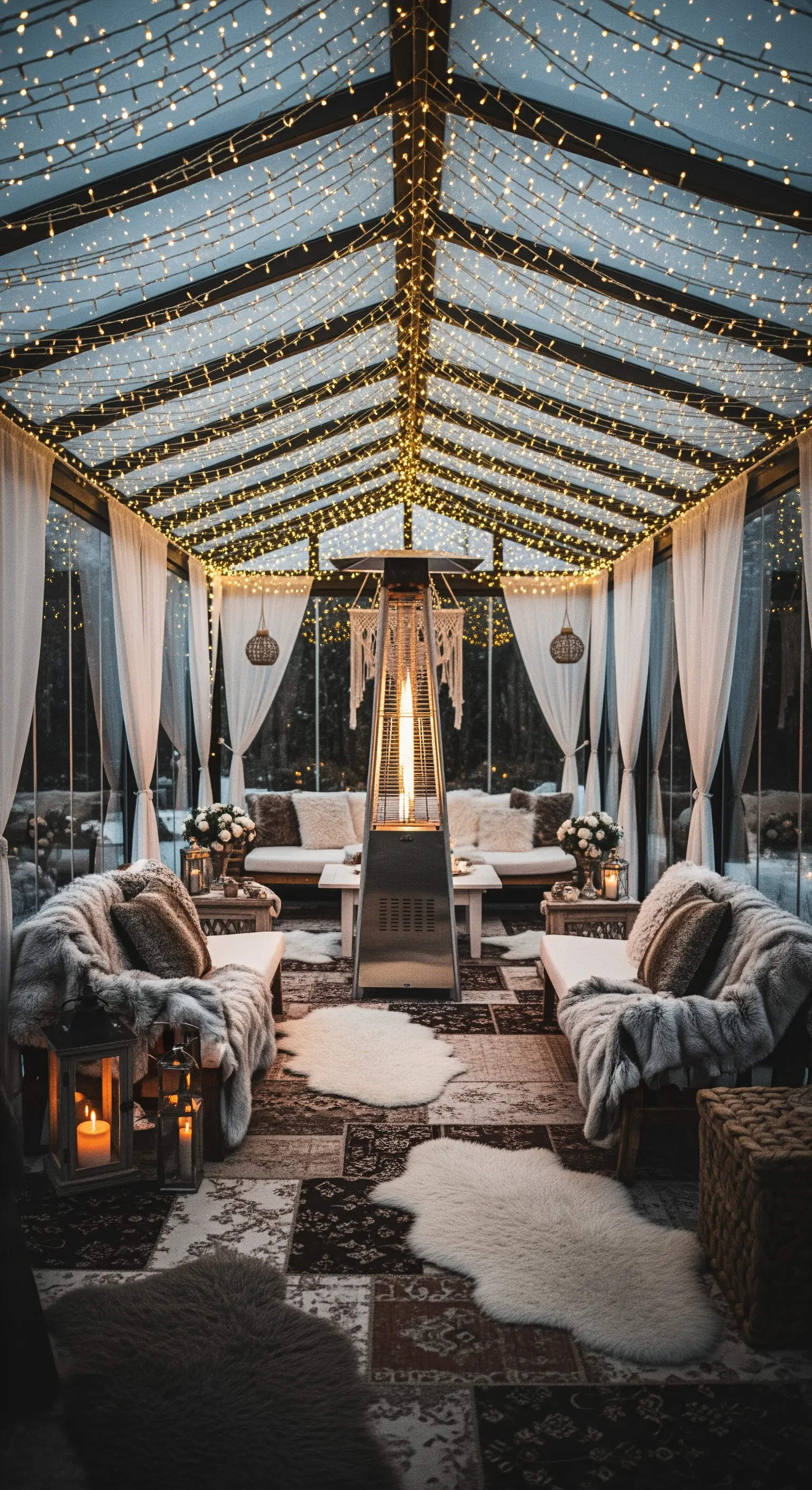 Veranda in vetro riscaldata, con divani coperti di pelliccia, tappeti e un cielo di lucine.