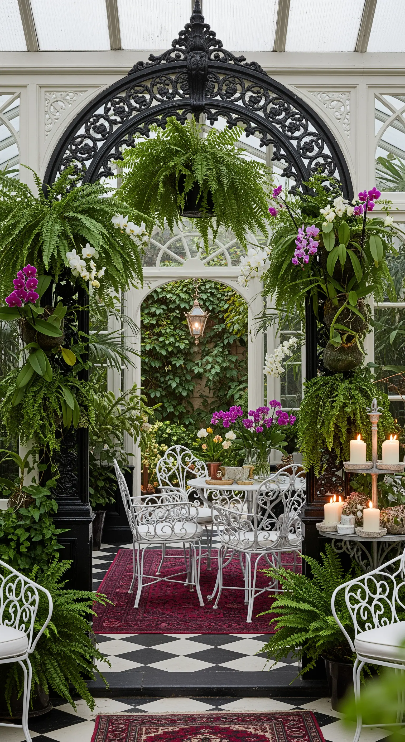 Veranda vittoriana con arco in ferro battuto nero, piante lussureggianti e arredi bianchi.
