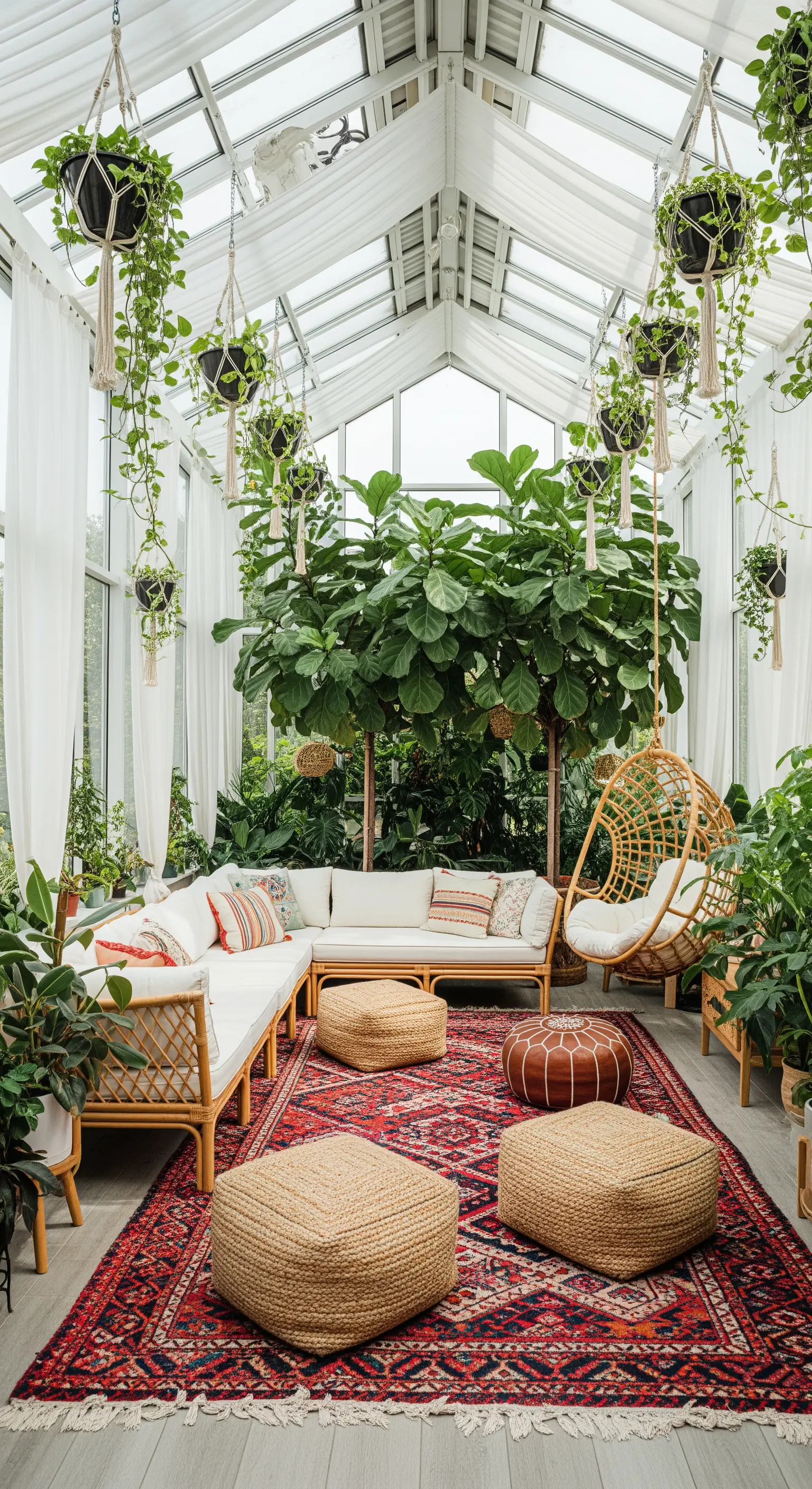 Veranda luminosa con divano in rattan, piante sospese, pouf e tappeto persiano.