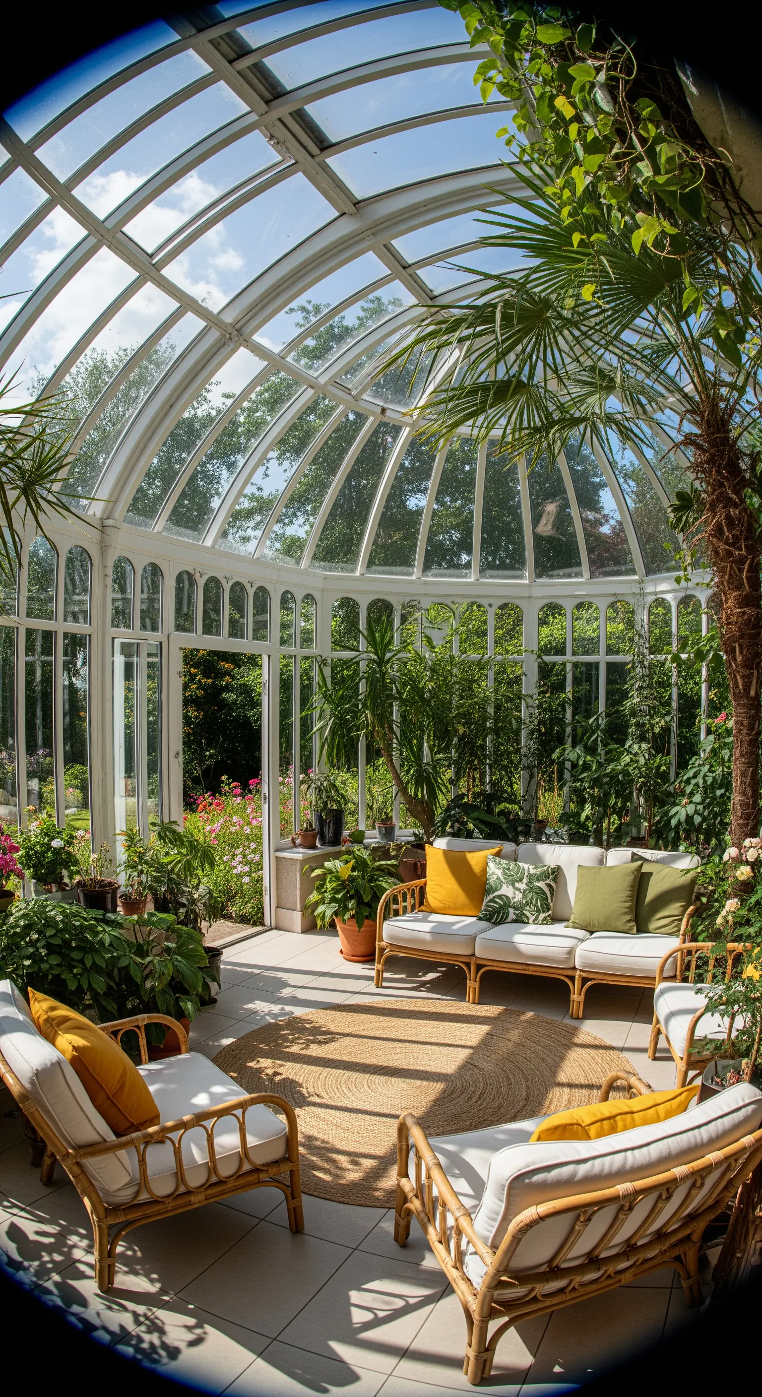 Veranda luminosa con mobili in rattan, cuscini senape e verdi e tante piante tropicali.