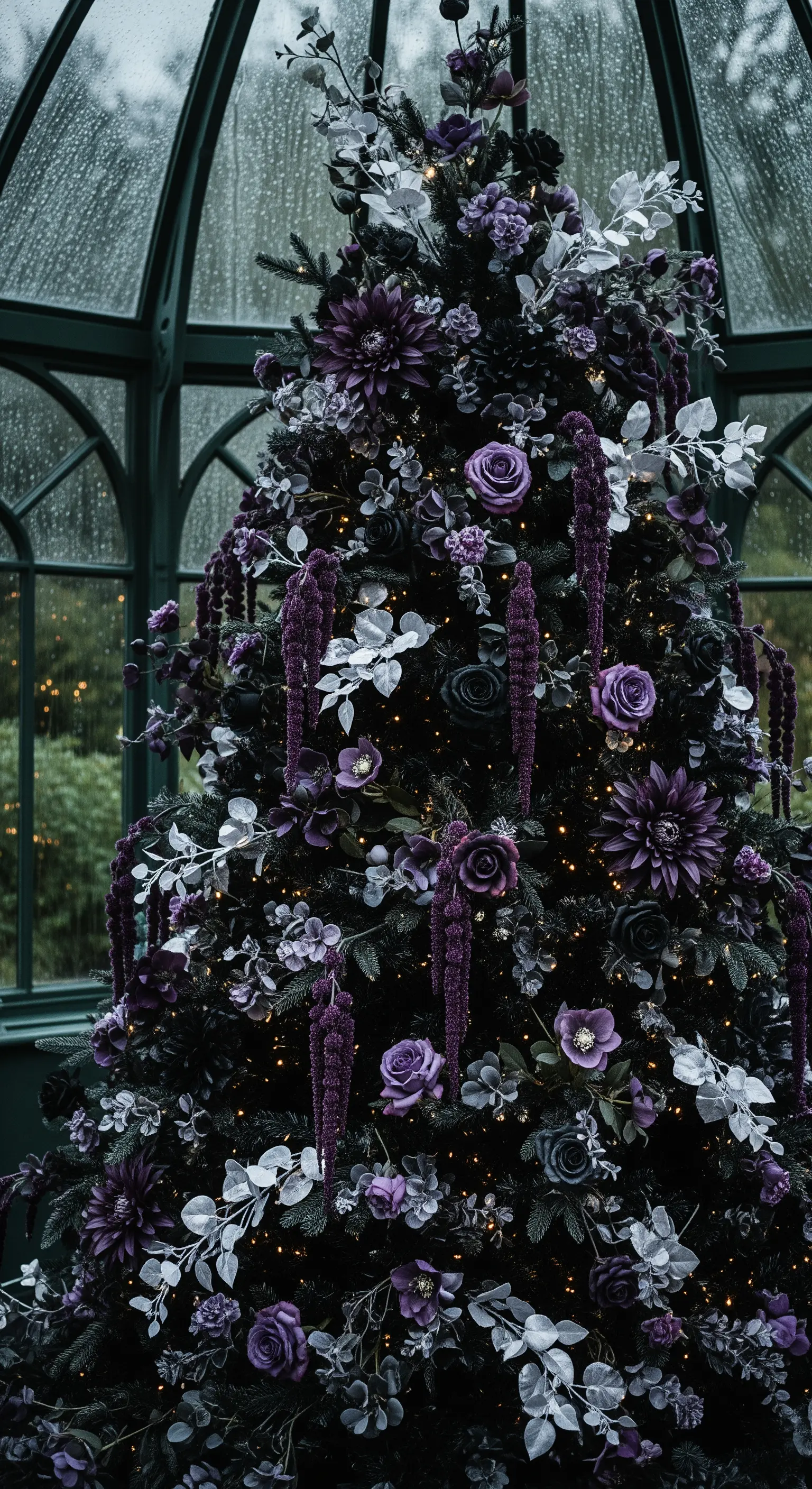 Dettaglio di un albero di Natale nero decorato con fiori viola, neri e foglie argentate.