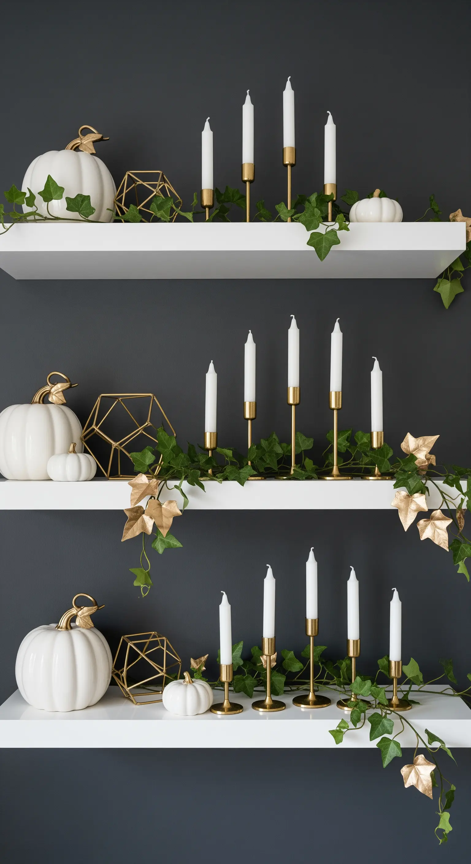 Mensole bianche su parete scura con zucche, candele ed edera