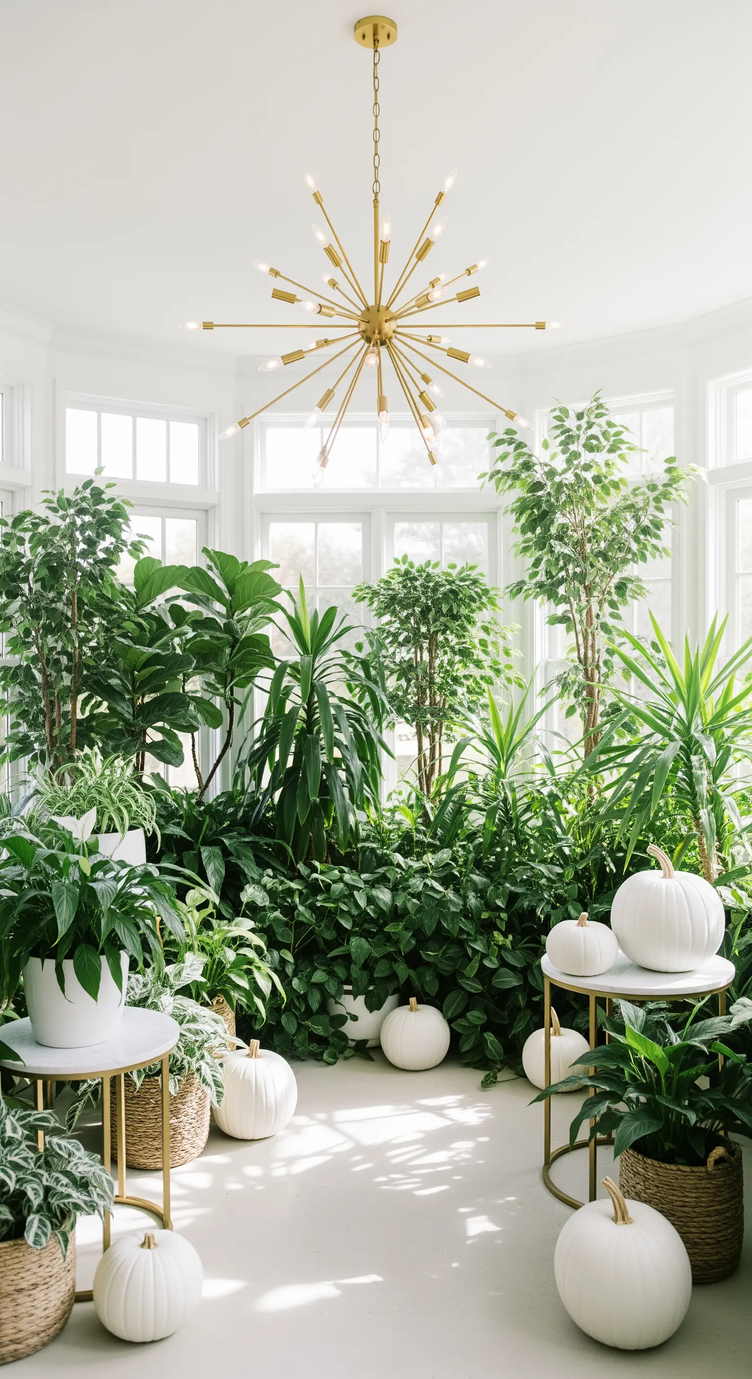 Veranda luminosa con piante verdi, zucche bianche e lampadario dorato
