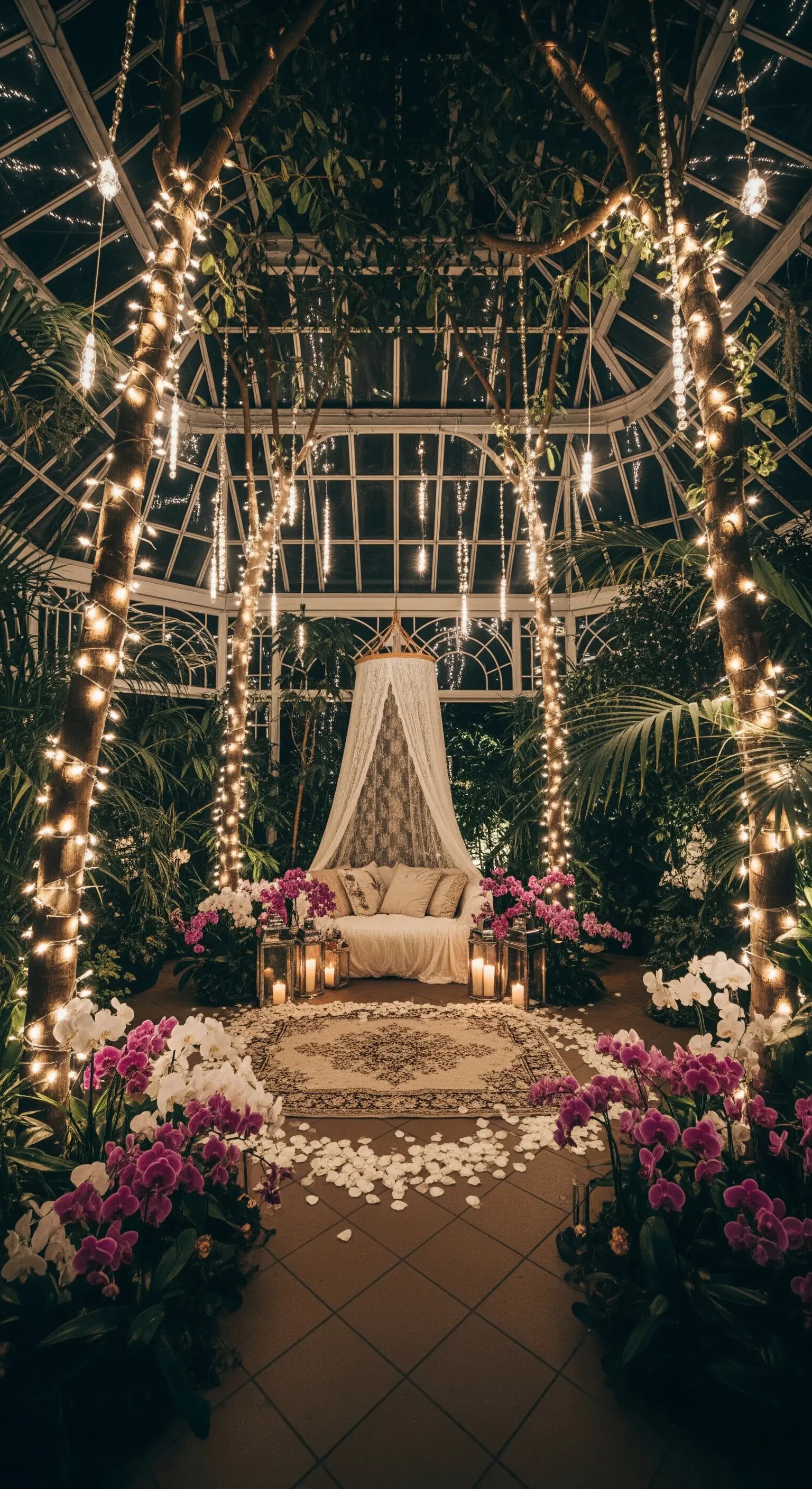 Angolo romantico in una serra con divanetto, luci fiabesche appese agli alberi e orchidee.