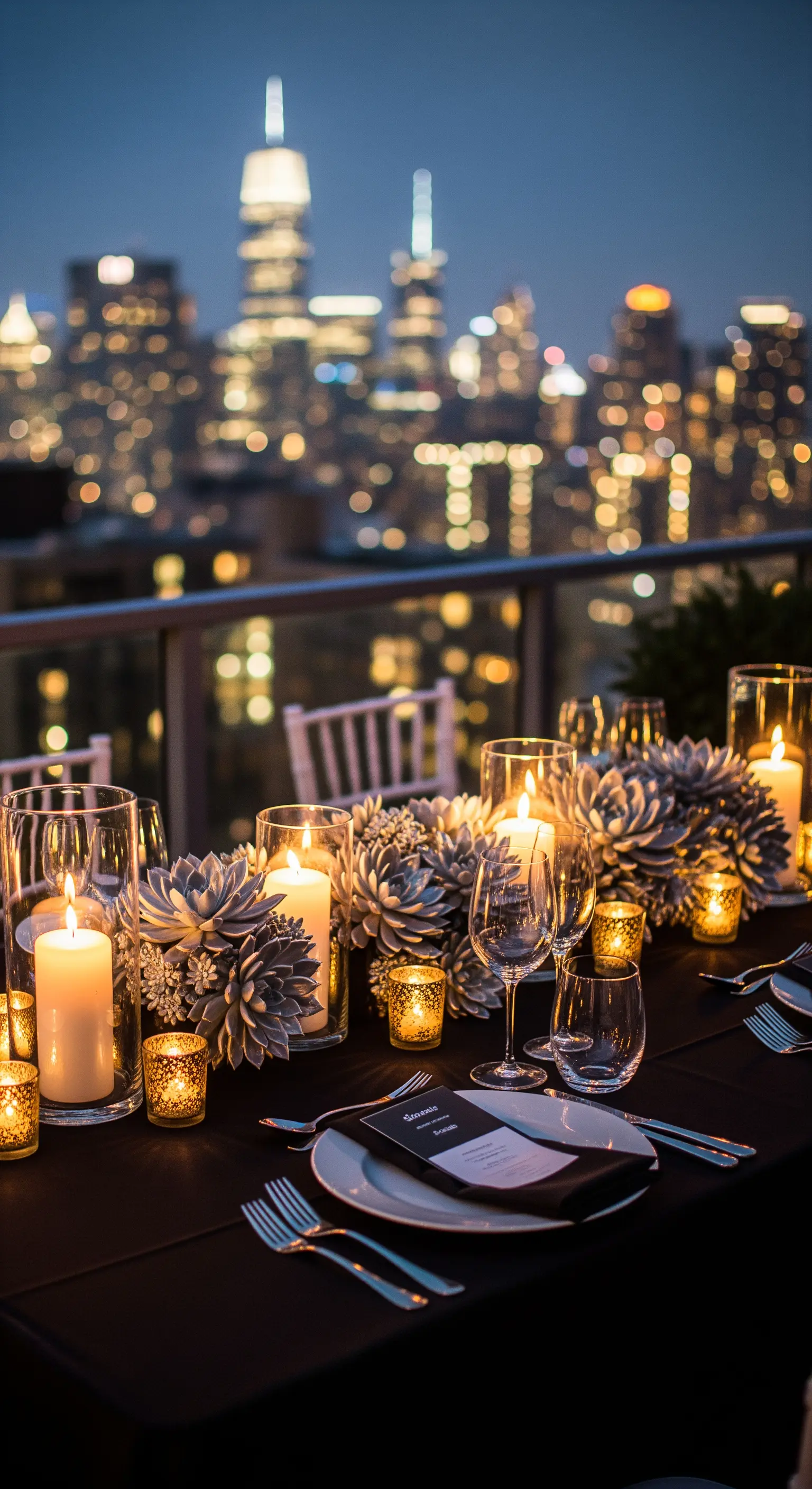 Tavola su una terrazza con vista sulla città, decorata con piante grasse e candele.