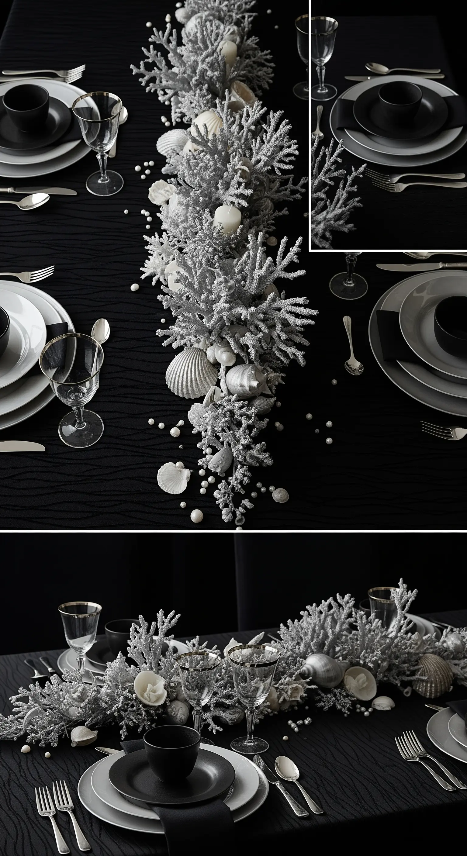 Centrotavola a tema marino con coralli e conchiglie argentate su tovaglia nera.