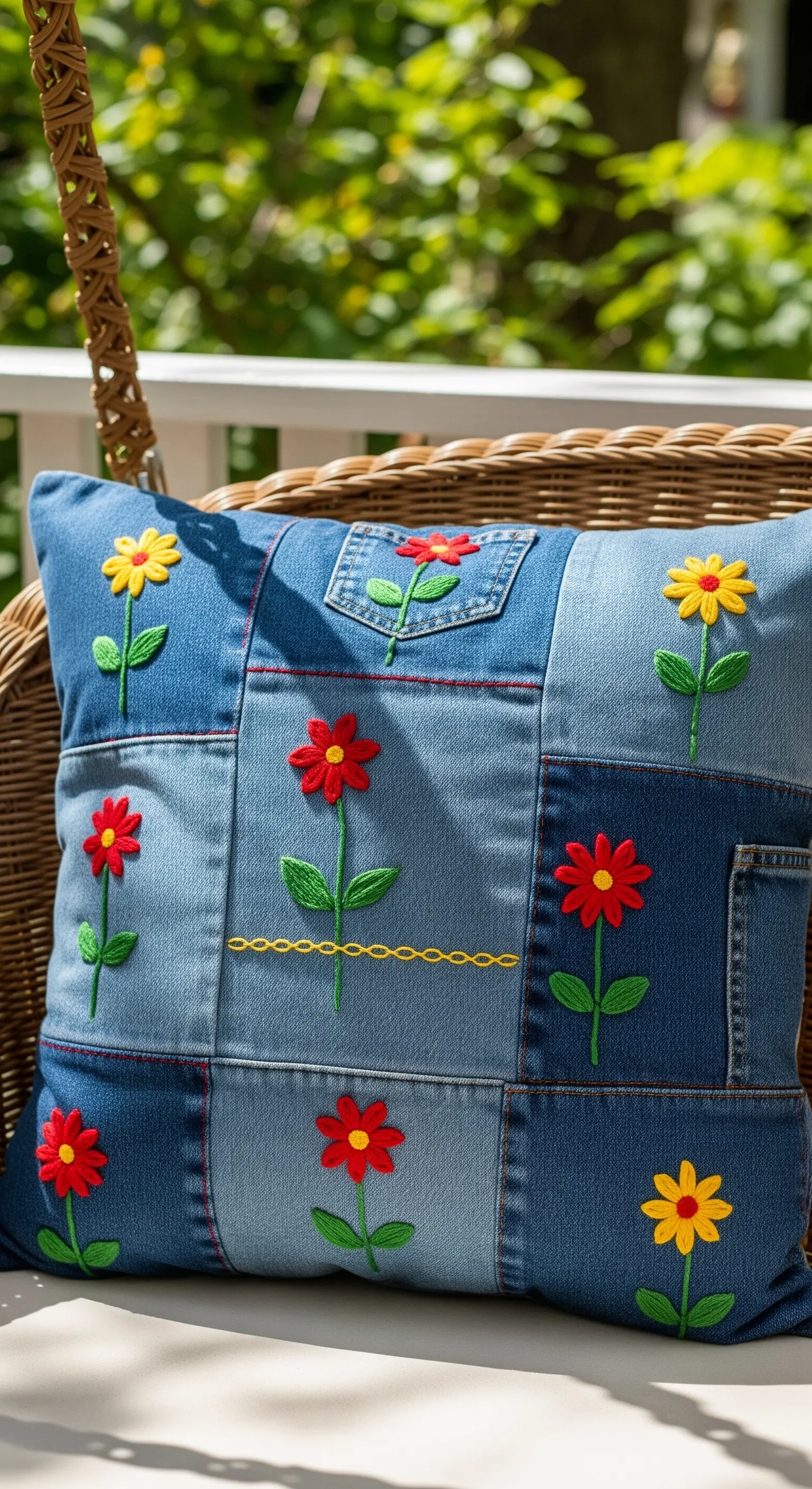Cuscino patchwork in denim decorato con piccoli fiori colorati ricamati a mano.