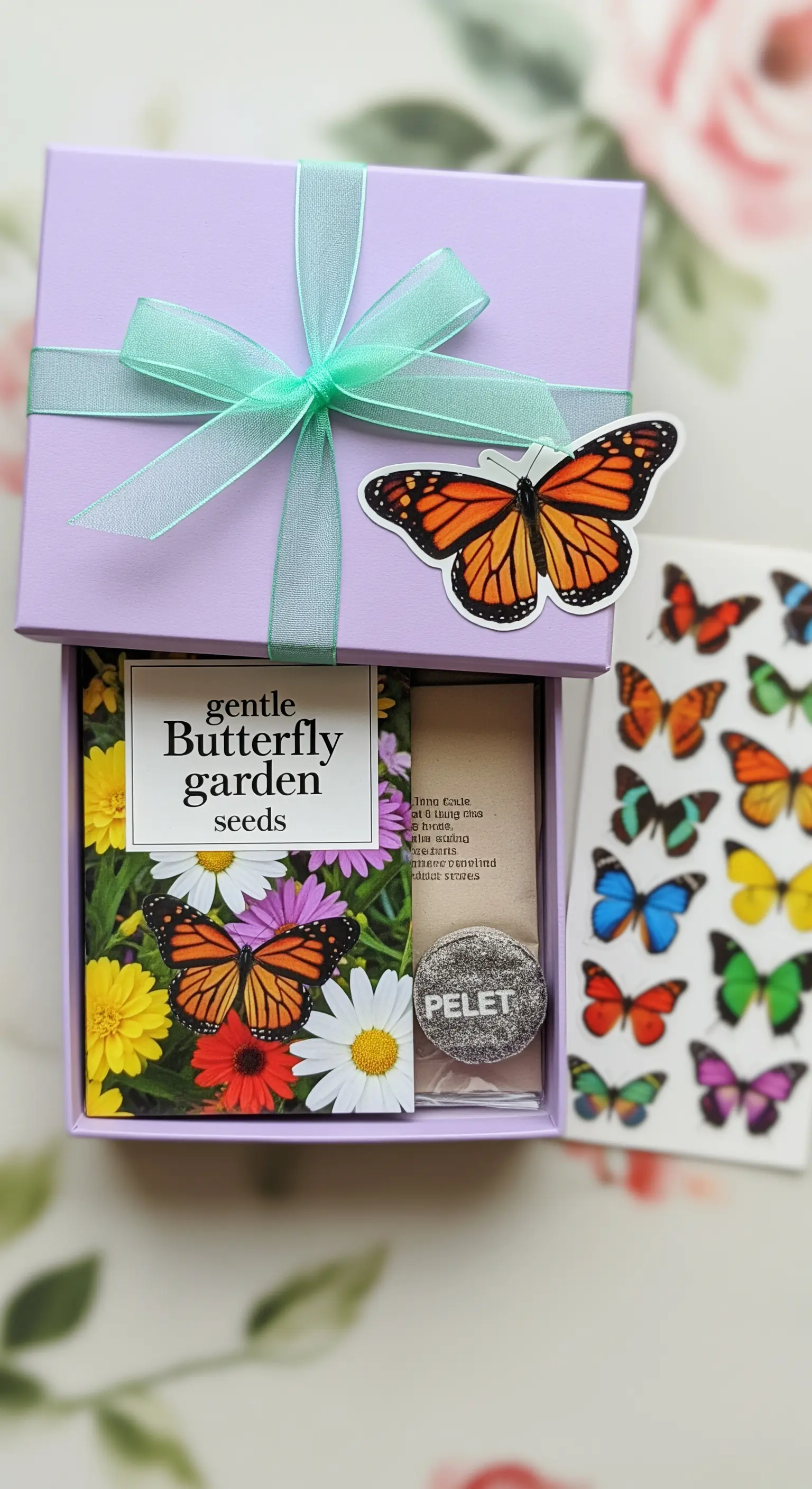 Kit per un 'giardino di farfalle' con semi e adesivi in una scatola color lavanda.