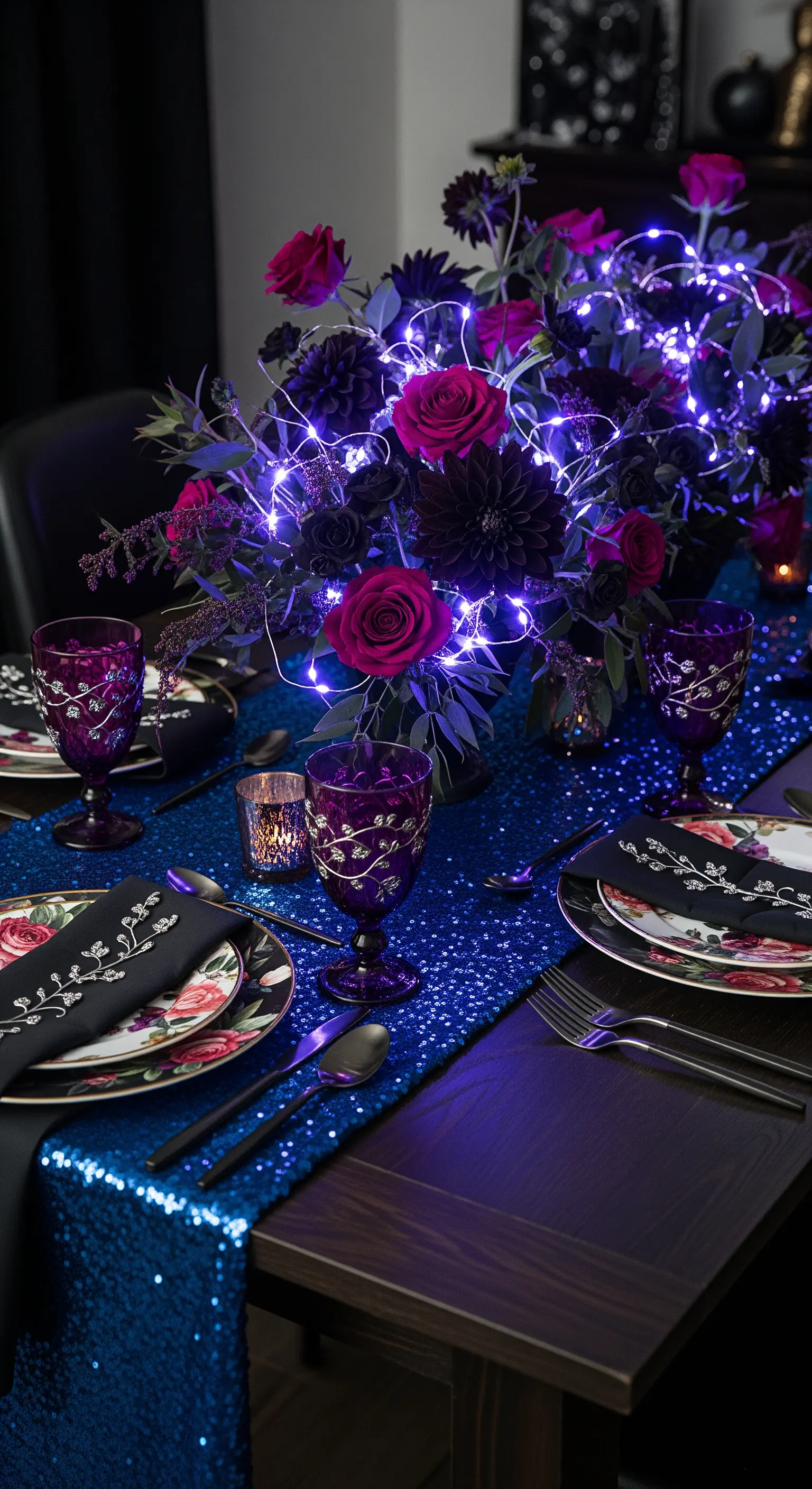 Tavola con runner di paillettes blu e un bouquet di fiori scuri illuminato da luci a led viola.