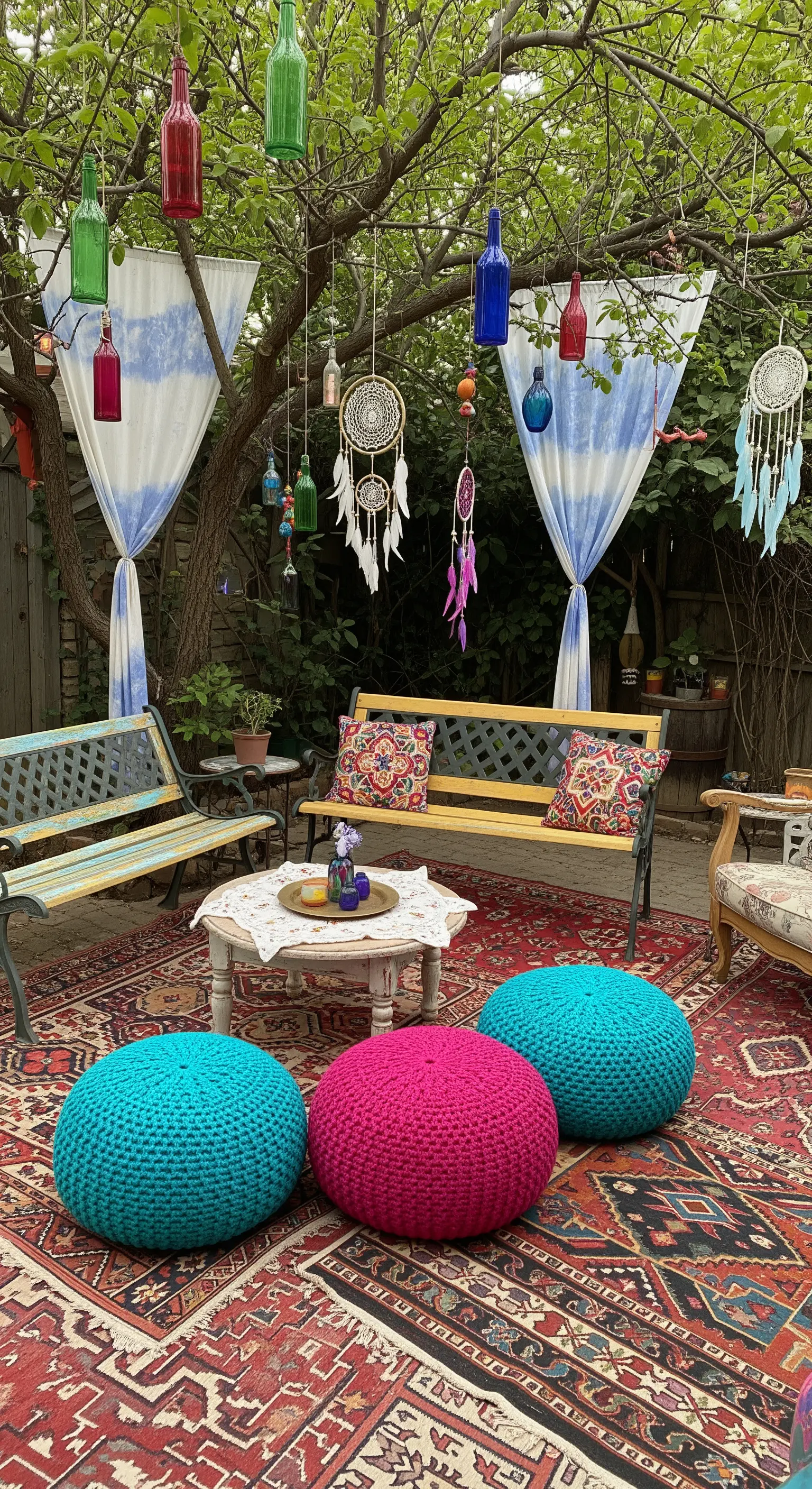 Giardino bohémien con panche diverse, pouf colorati e acchiappasogni appesi.