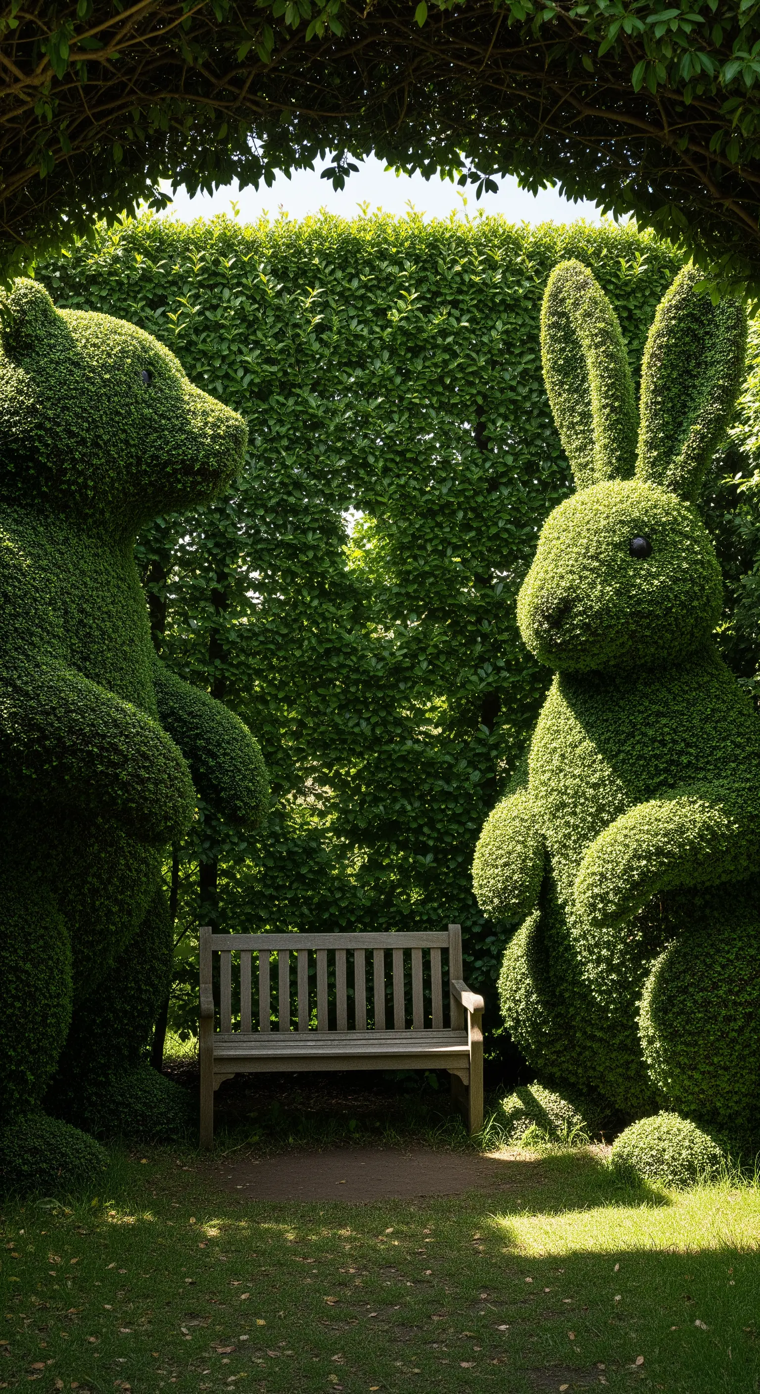 Panchina di legno posizionata tra due grandi sculture di arte topiaria a forma di orso e coniglio.