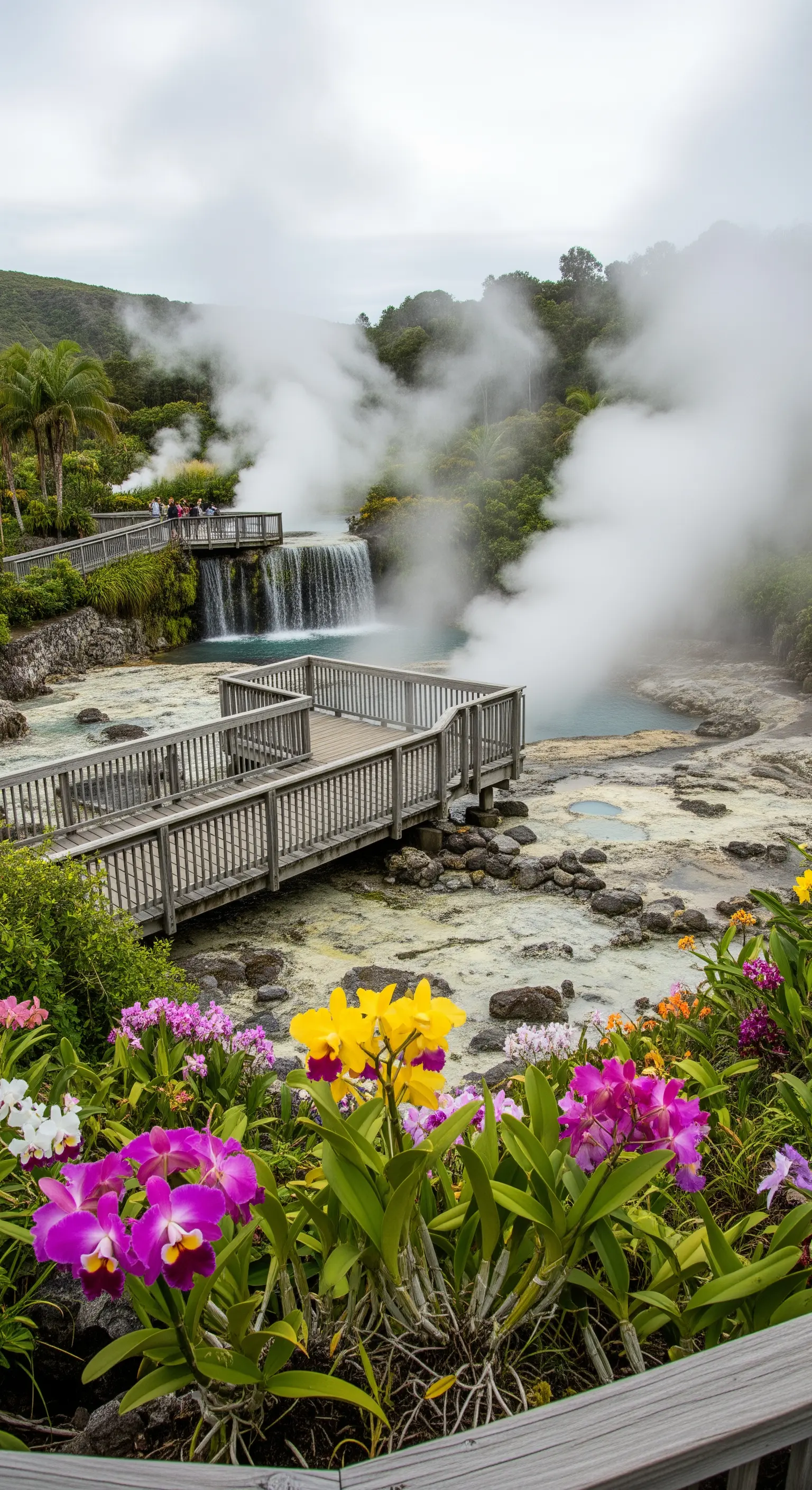 Paesaggio geotermico con vapore, passerelle in legno e aiuole di orchidee multicolori.