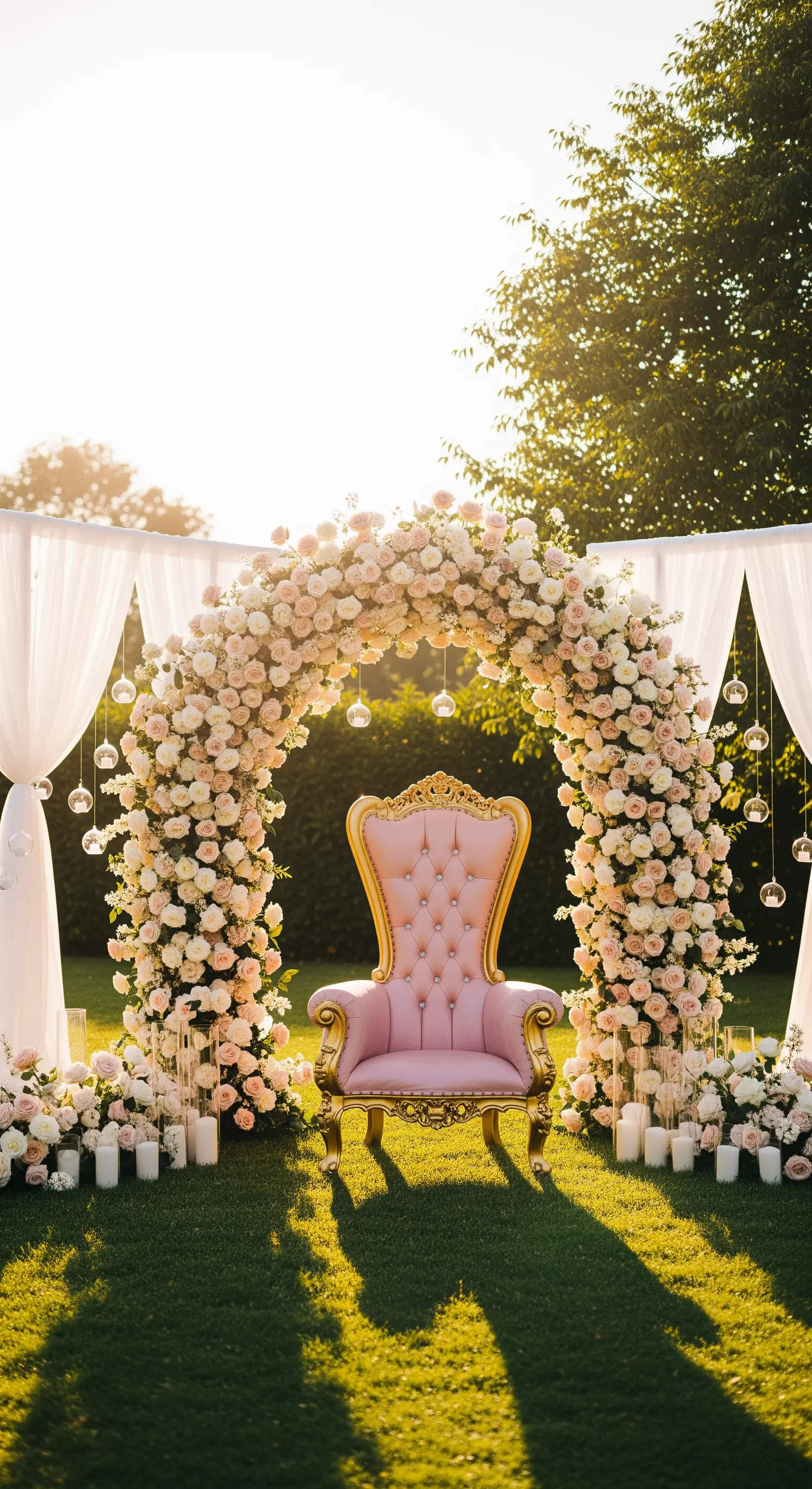 Trono rosa sotto un arco di rose al tramonto in un giardino.