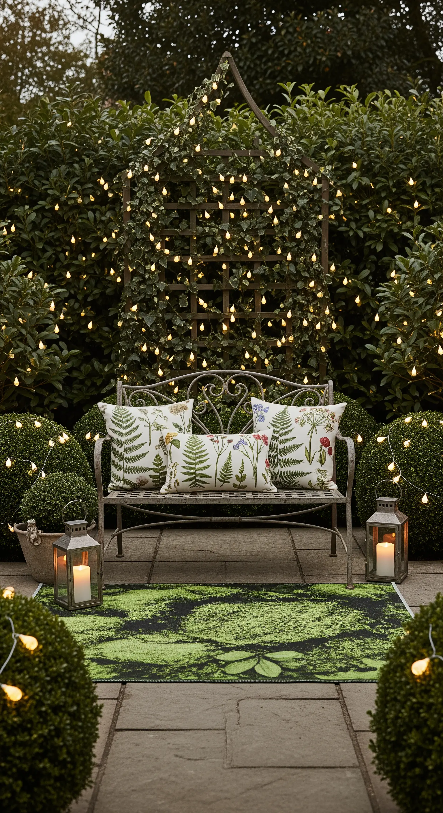 Panchina in ferro battuto di fronte a una spalliera coperta di lucine, in un giardino.
