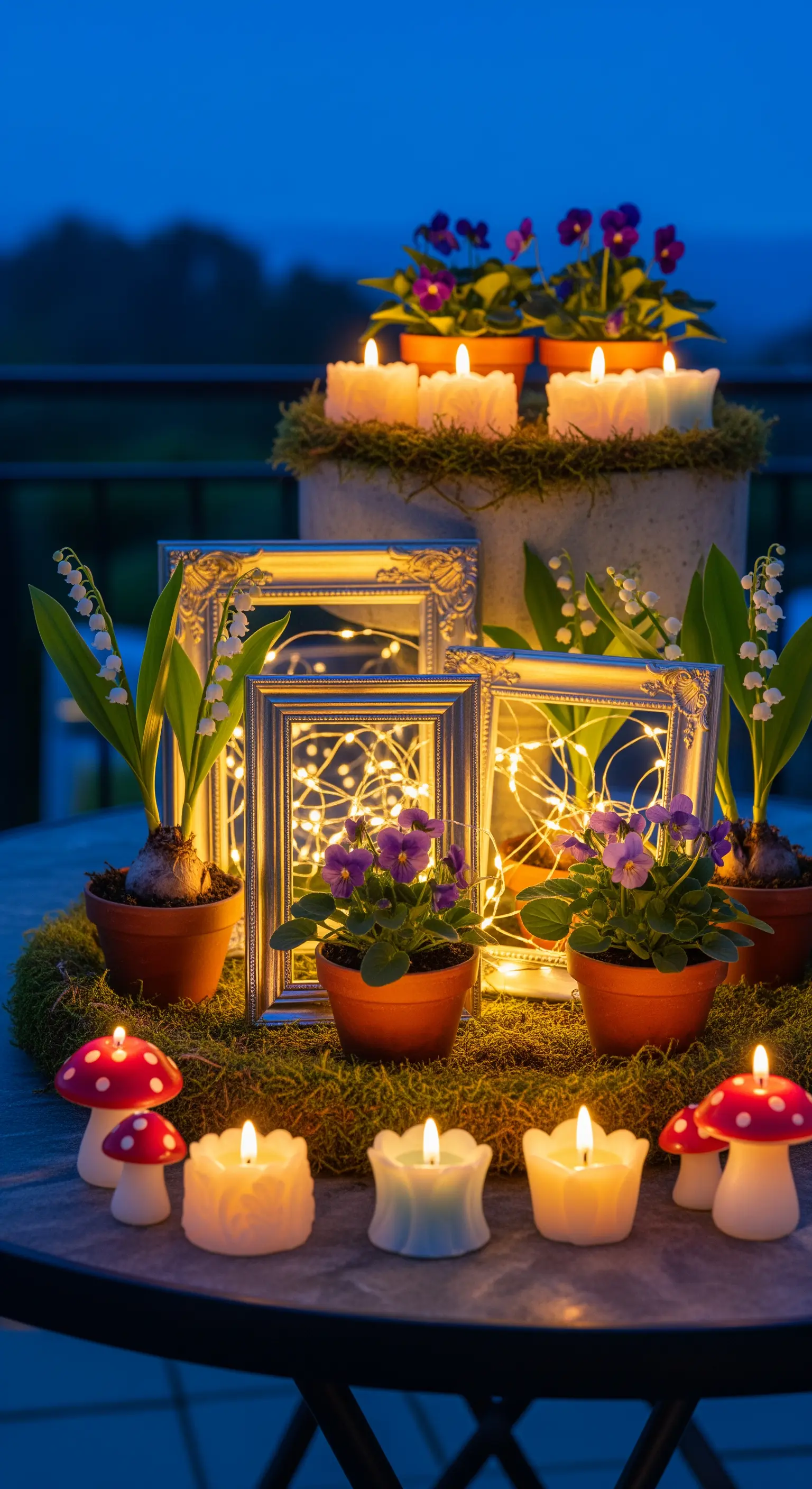 Centrotavola serale con piante fiorite, lucine LED in cornici e candele a forma di fungo.