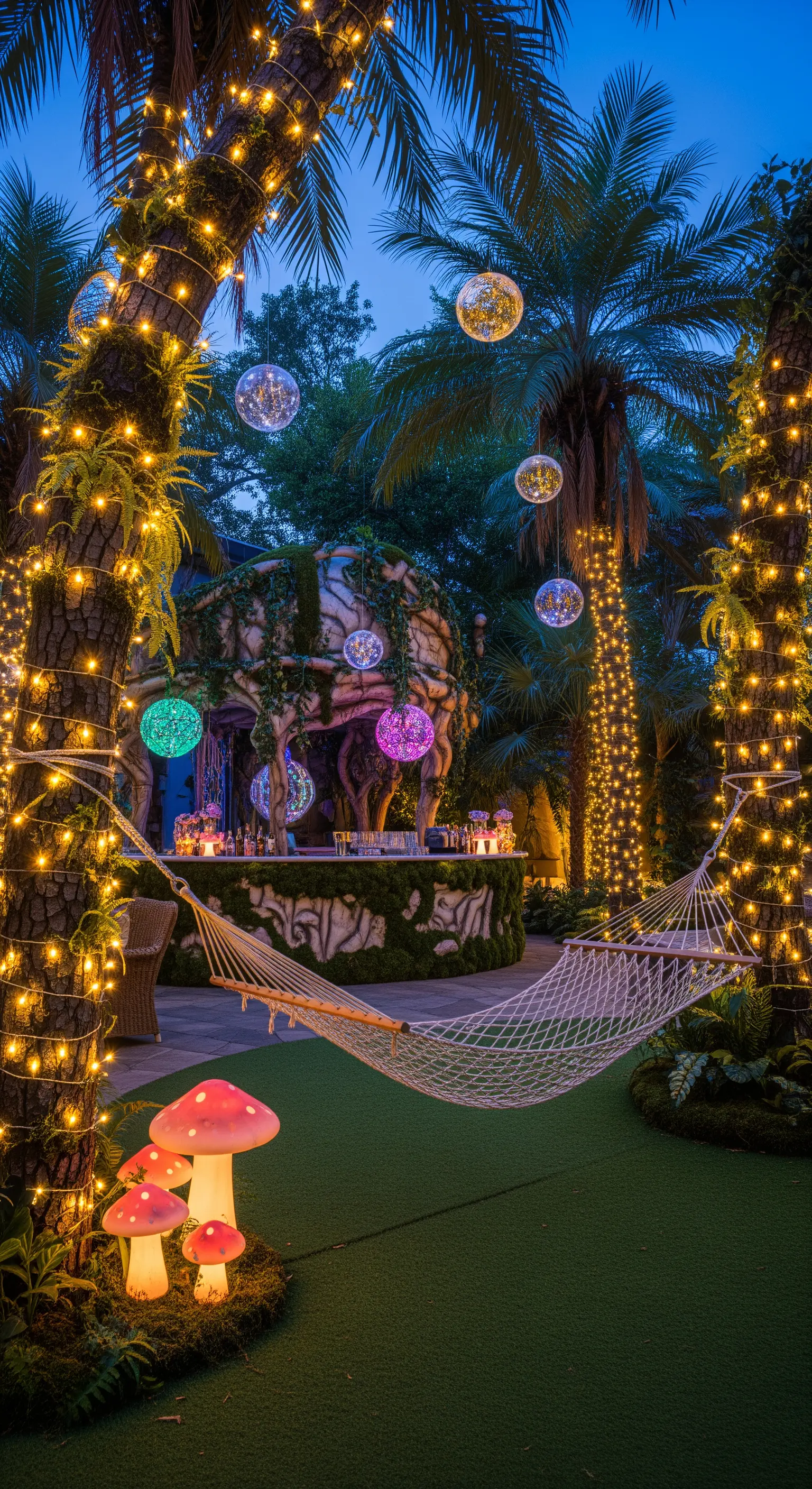 Giardino notturno illuminato da lucine, funghi luminosi e sfere specchiate tra gli alberi.