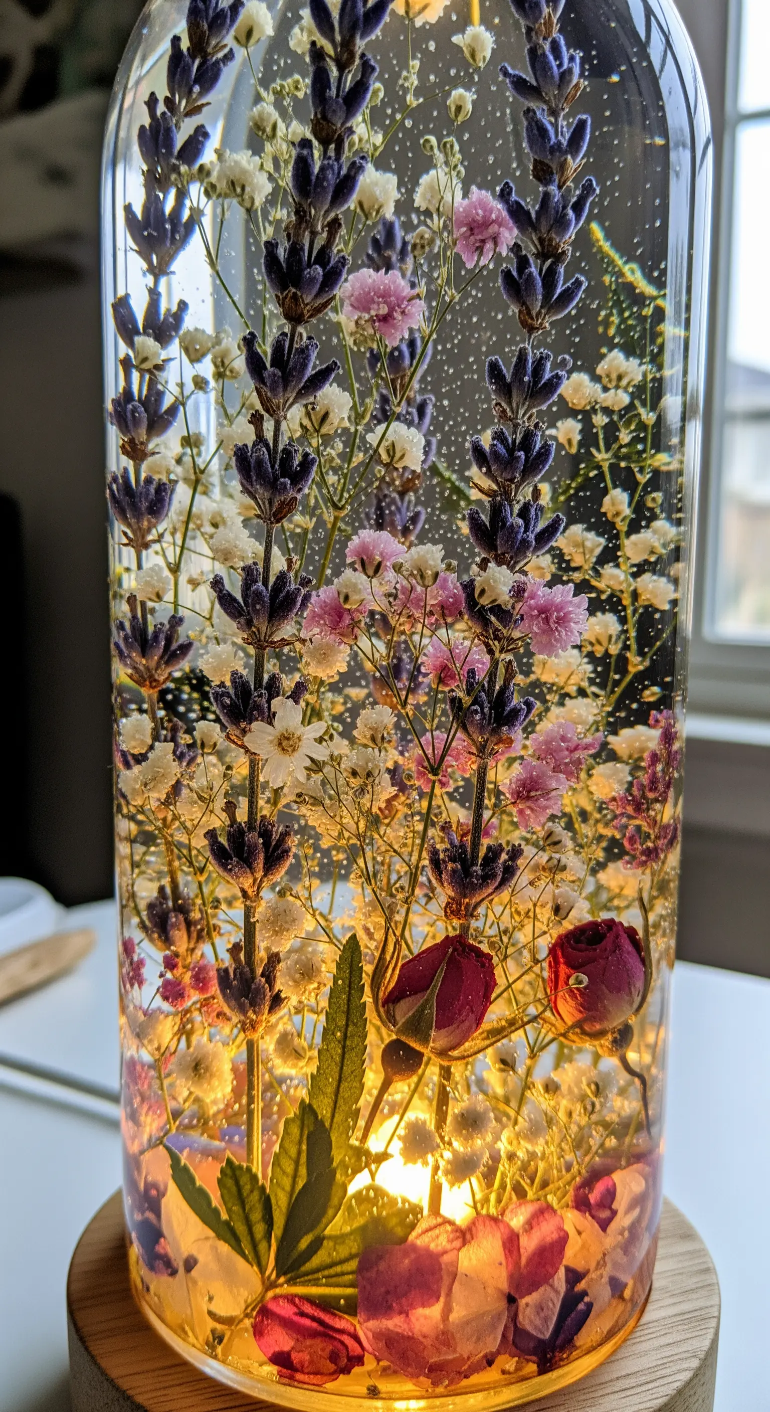 Dettaglio di una lampada in resina epossidica con fiori di lavanda e rose secche all'interno.
