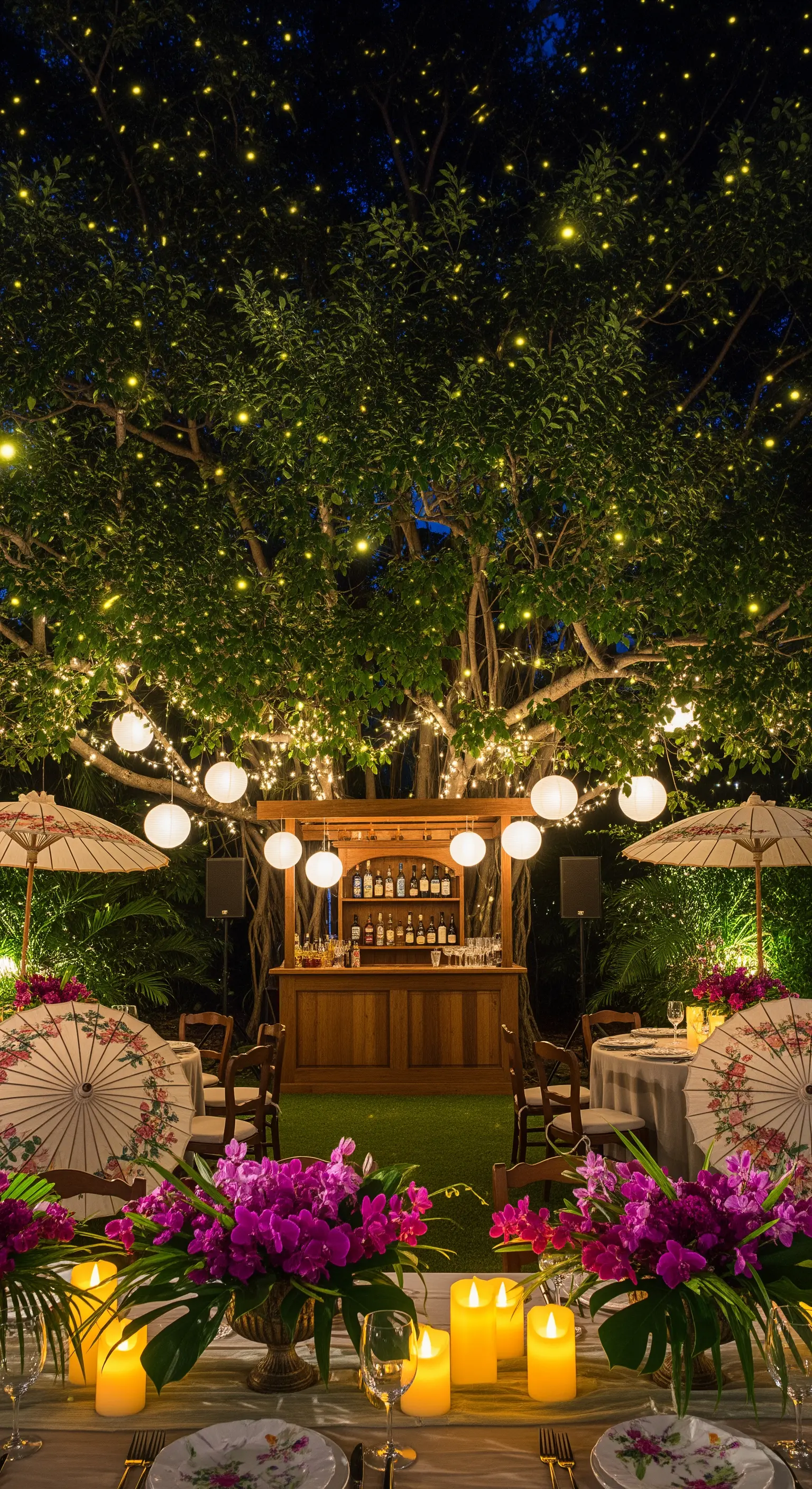 Cocktail bar in legno sotto un albero illuminato da lucine e lanterne di carta bianche