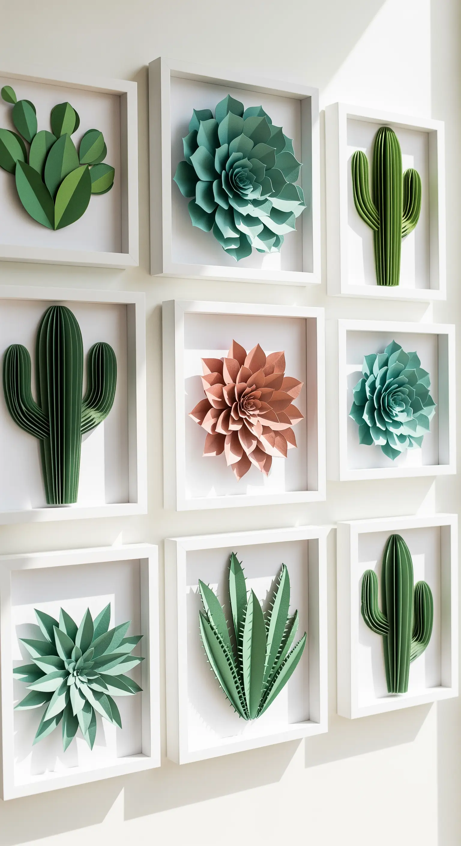 Nove cornici bianche appese a parete, ognuna contenente una diversa pianta grassa o cactus 3D di carta.