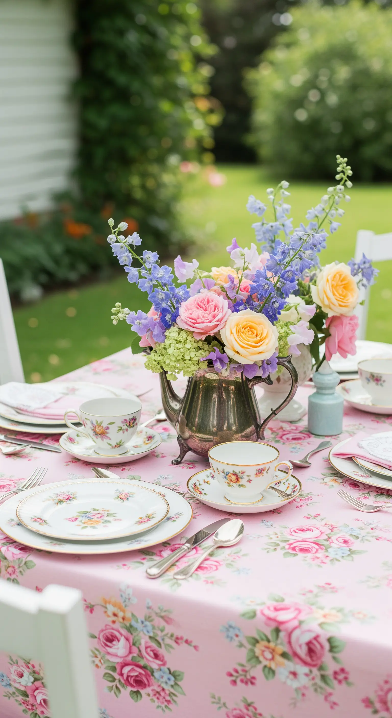 Tavola da tè in giardino con tovaglia a fiori rosa, porcellane vintage e un bouquet di rose pastello.