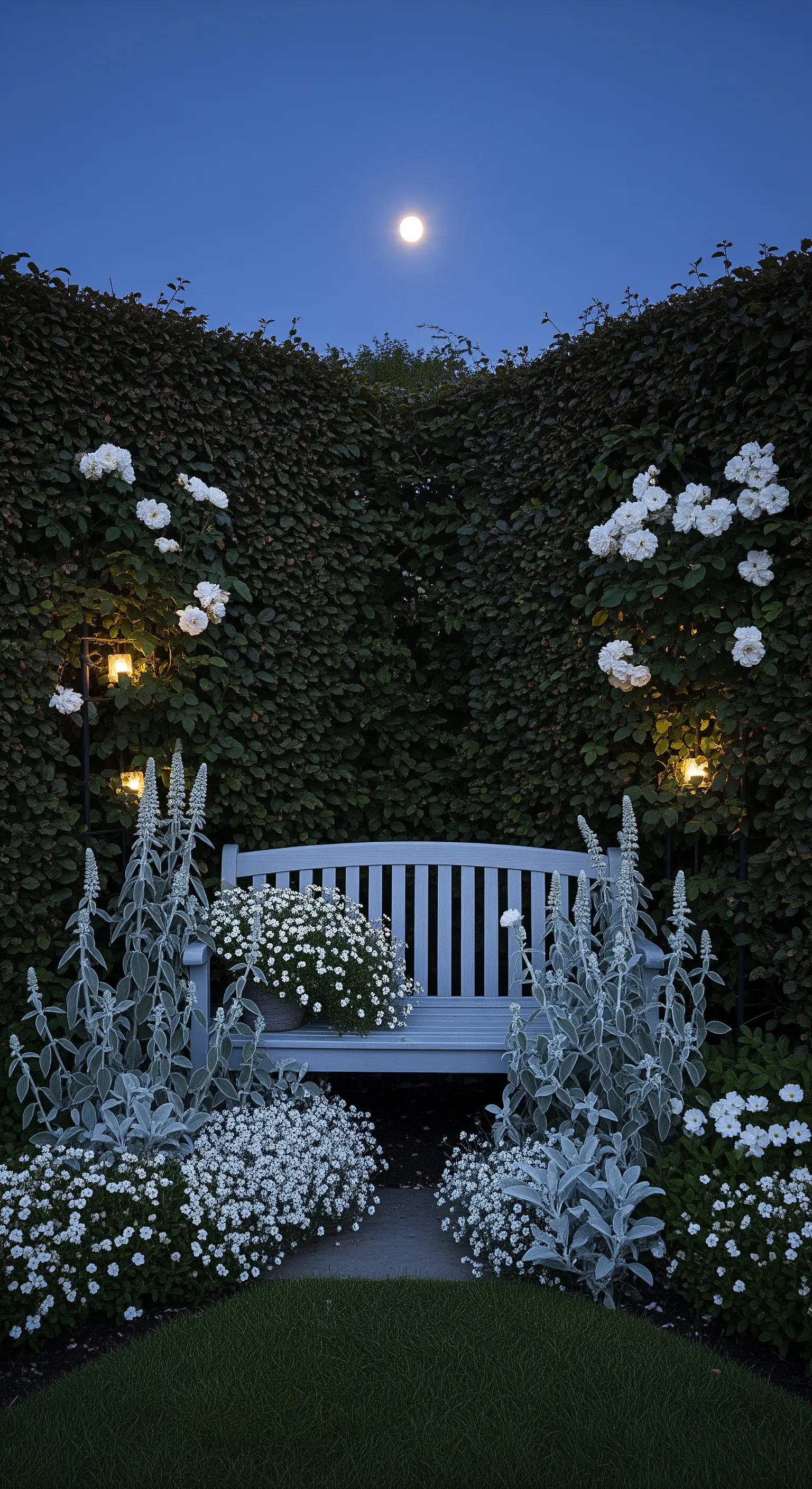 Panchina bianca in un angolo di giardino notturno con fiori bianchi e illuminazione soffusa.