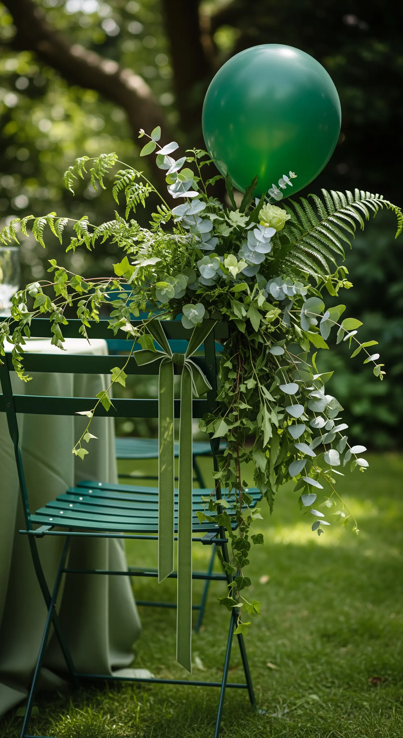 Sedia da giardino verde con una ricca composizione di eucalipto, felci ed edera.