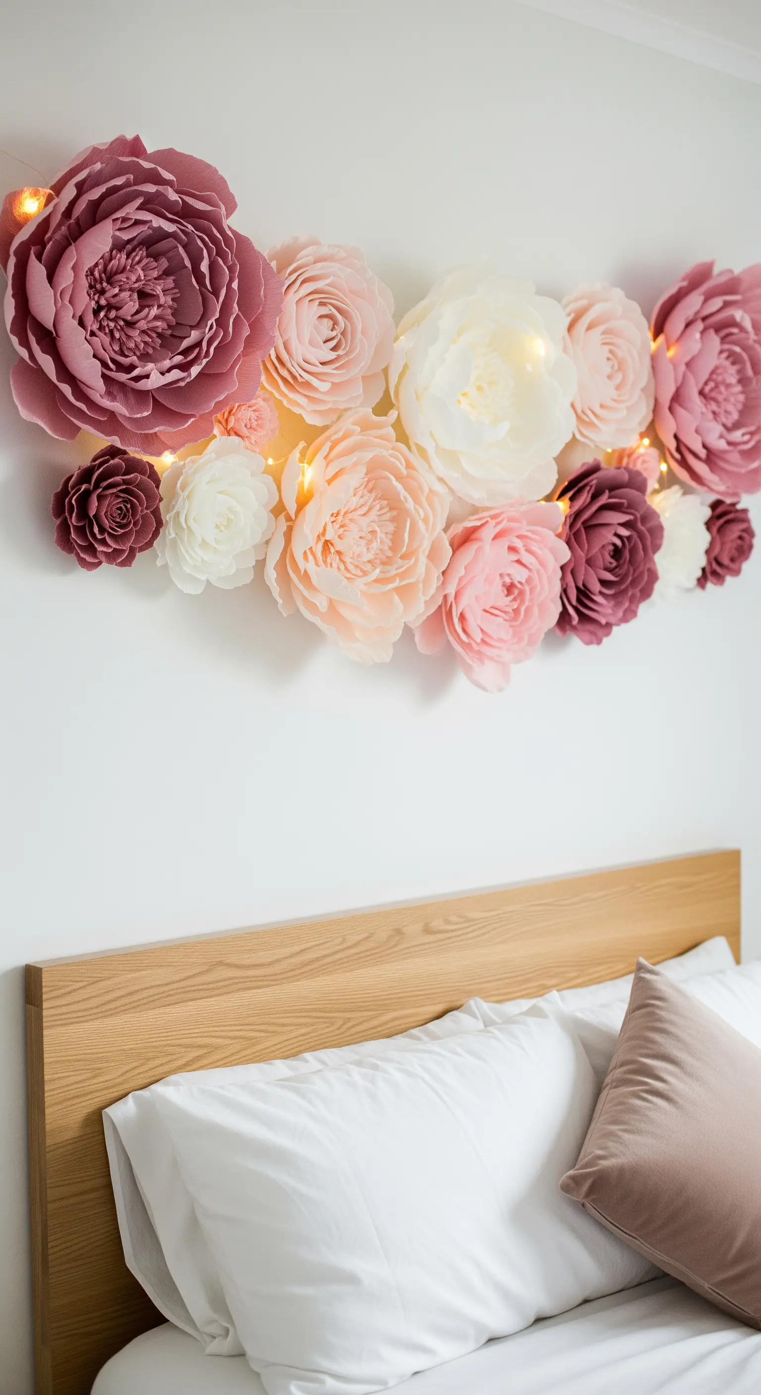 Composizione di fiori di carta giganti rosa e bianchi con luci, sopra la testiera di un letto.