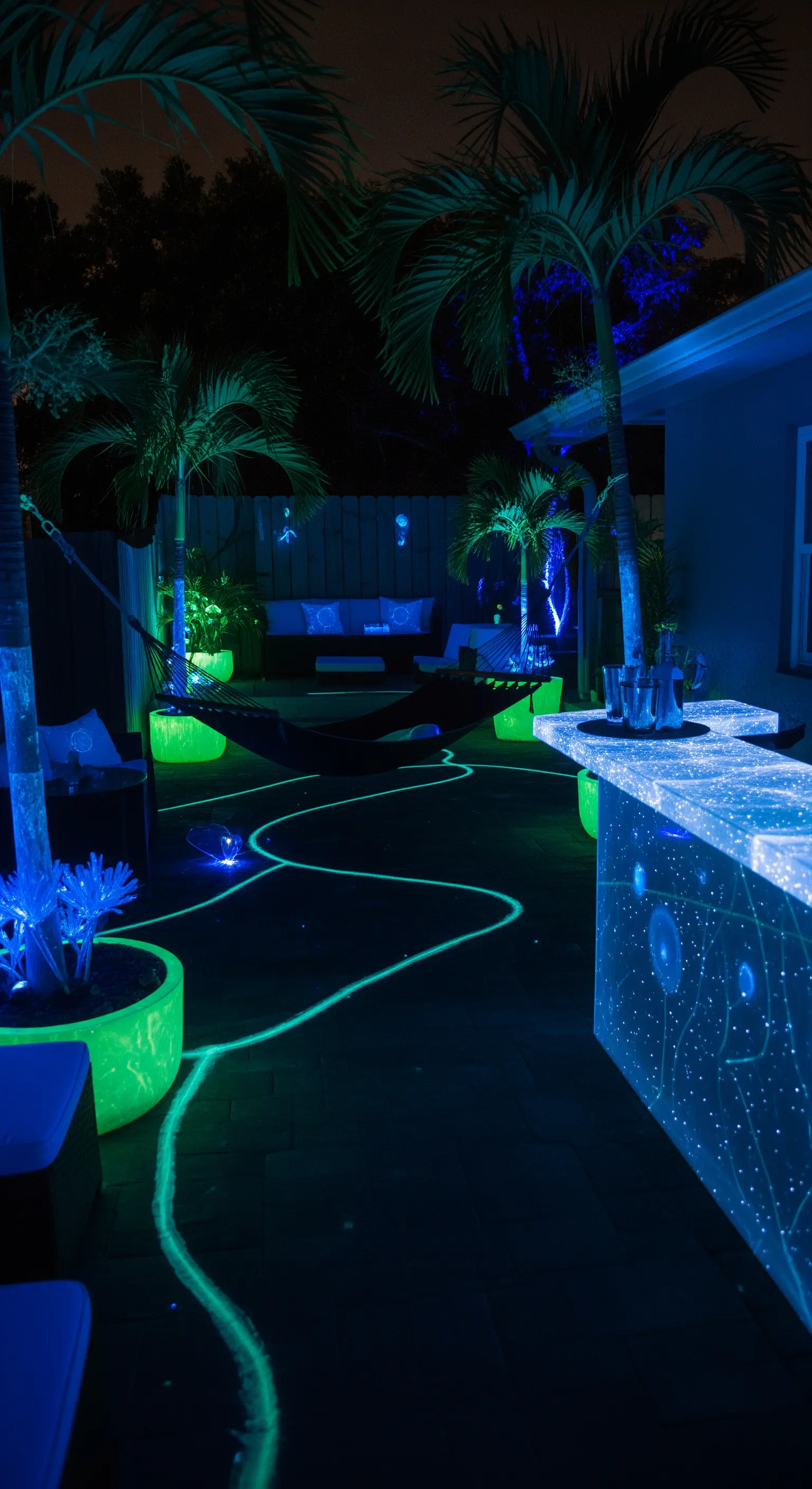 Giardino notturno con sentieri e bar illuminati da luci blu e verdi fosforescenti.