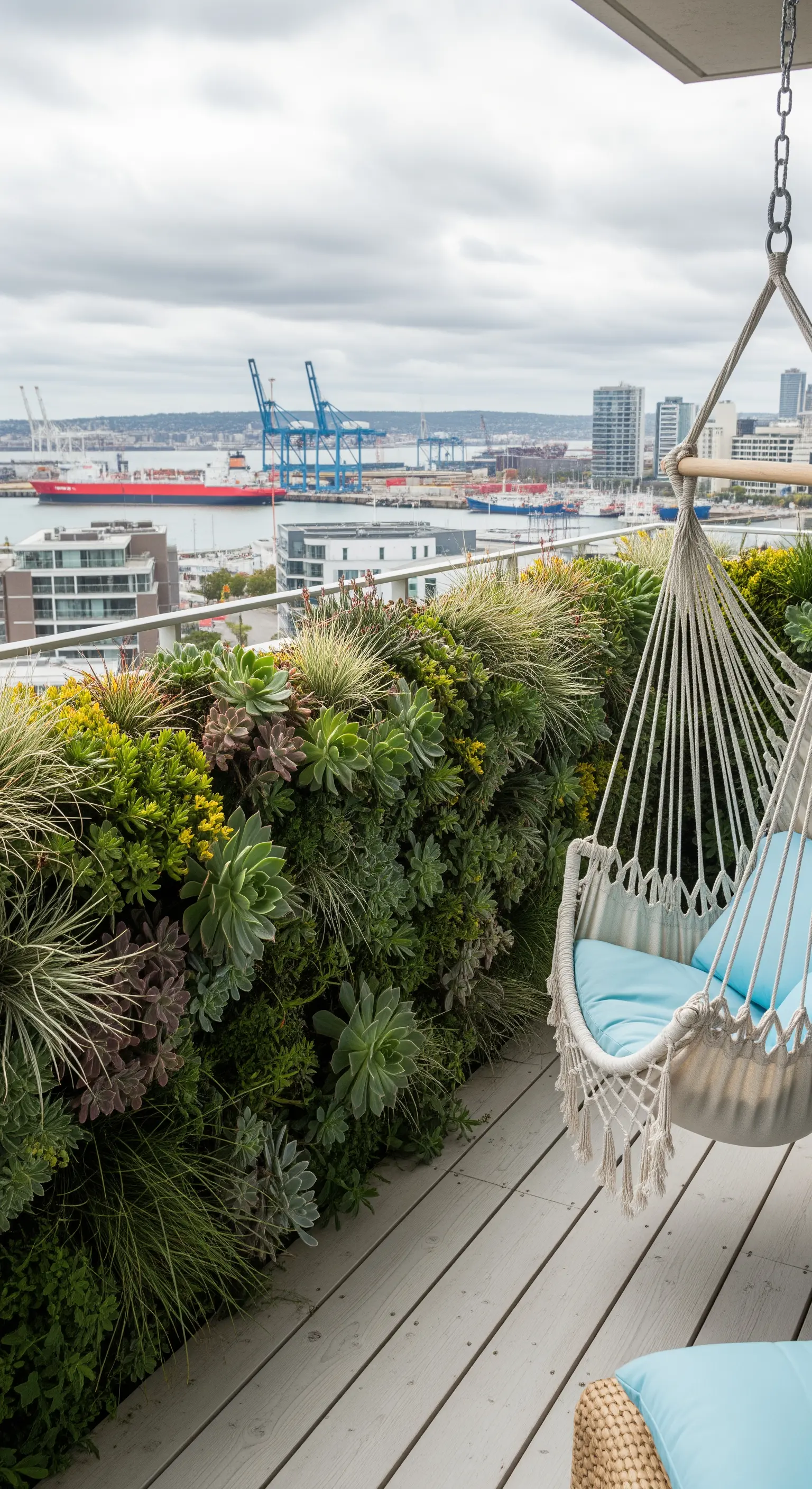 Amaca in corda chiara su un balcone con una parete interamente ricoperta di piante succulente.